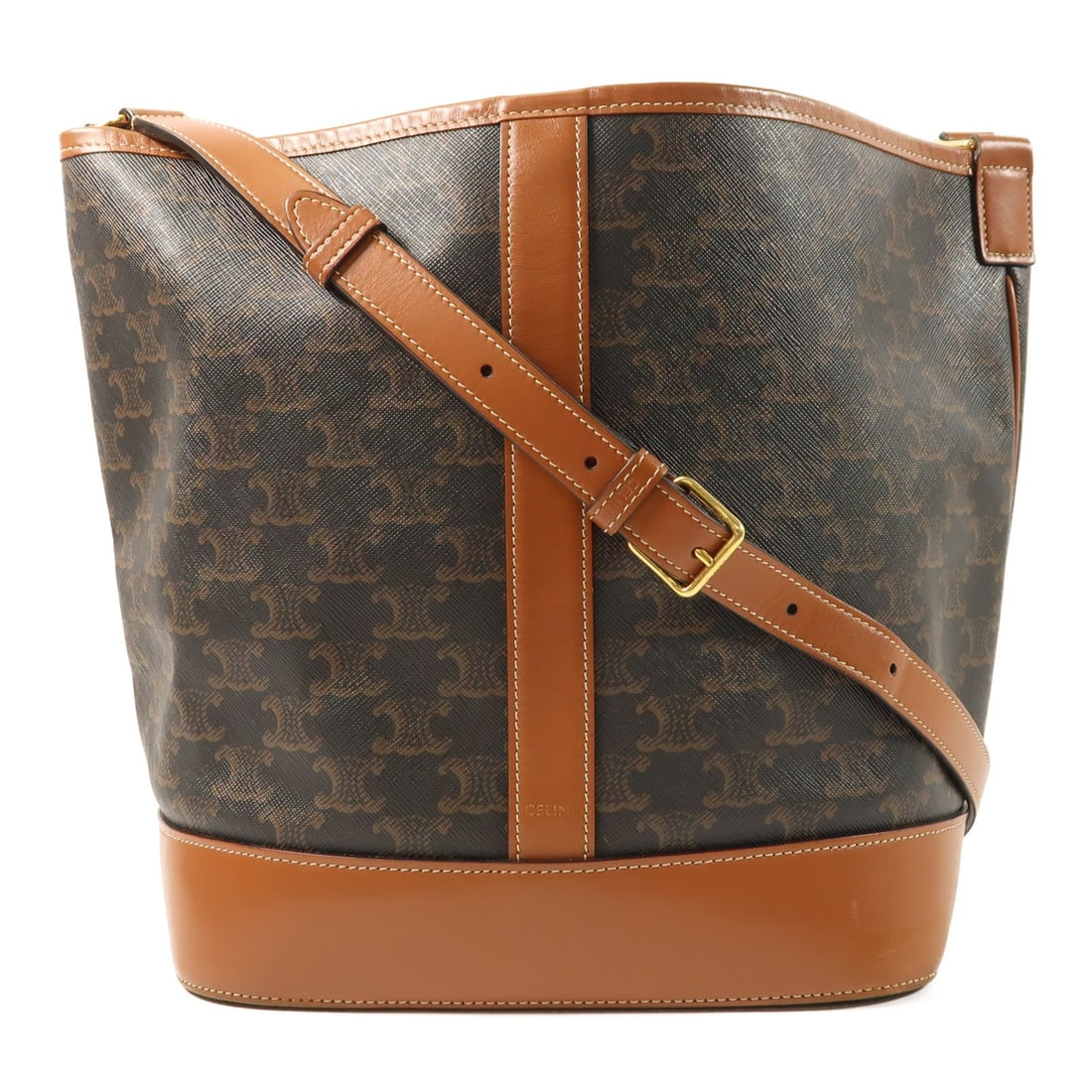 Celine Medium Triomphe Bucket Shoulder Bag Brown Coated Canvas Gold Hardware: Celine Medium Triomphe Bucket Shoulder Bag Brown Coated Canvas Gold Hardware This CELINE medium bucket shoulder bag features the iconic Triomphe pattern in brown PVC coated canvas. Designed for women,