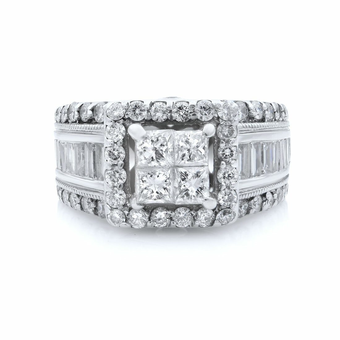 Rachel Koen 14K White Gold 2.00Ct Diamond Engagement Ring Size 5: Rachel Koen 14K White Gold 2.00Ct Diamond Engagement Ring Size 5 This exquisite engagement ring by Rachel Koen showcases a stunning combination of princess and round diamonds, crafted in luxurious 14K