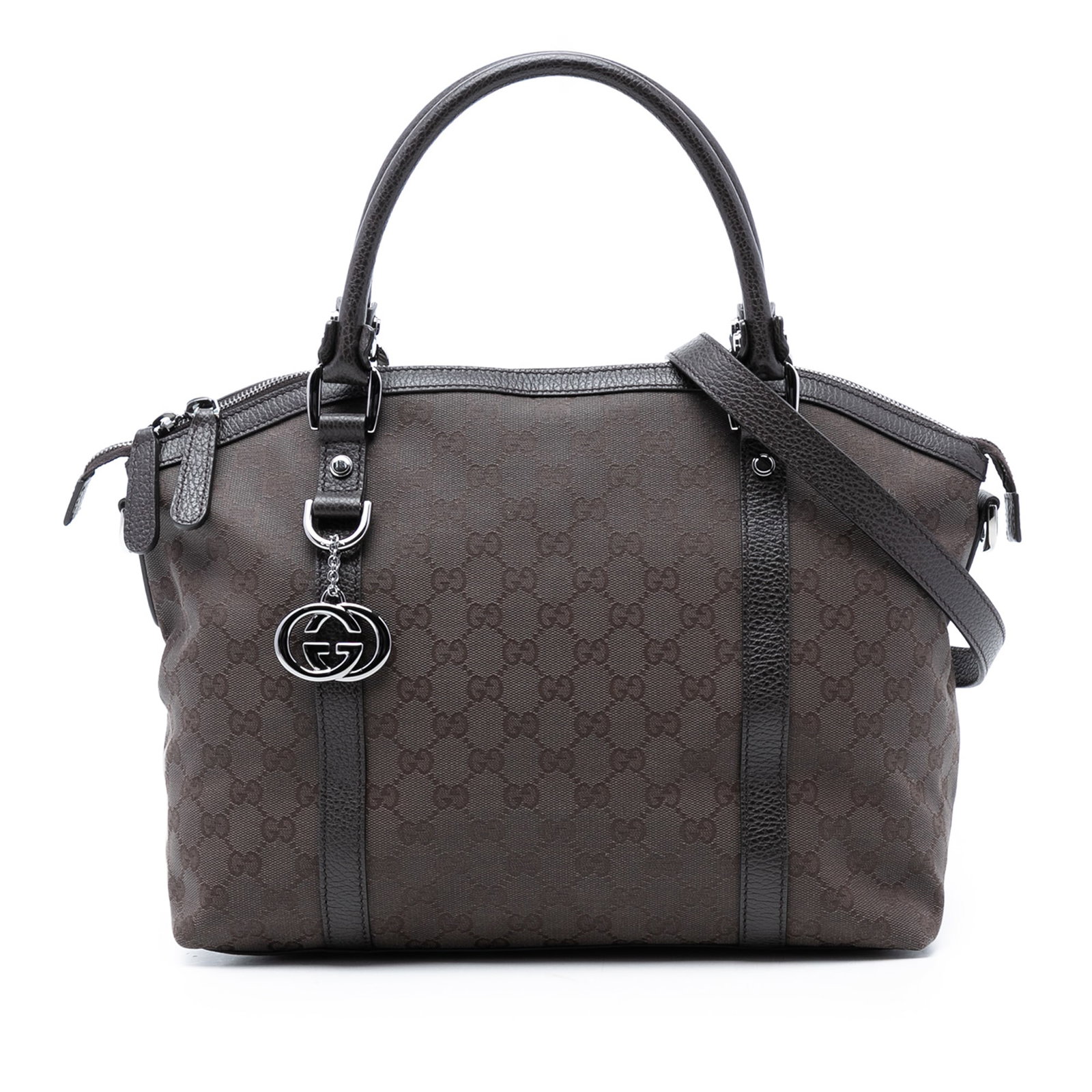 Brown GG Canvas Charm Dome Satchel by Gucci with Leather Trim: Brown GG Canvas Charm Dome Satchel by Gucci with Leather Trim This Gucci GG Canvas Charm Dome Satchel features a canvas body with leather trim, rolled leather handles, an adjustable and detachable fla