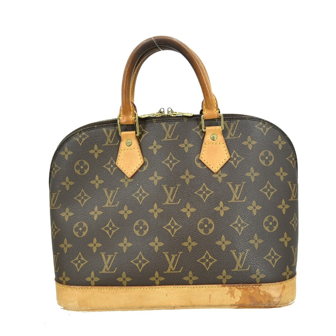 Louis Vuitton Alma Monogram Canvas Top Handle Bag M51130 Vintage: Louis Vuitton Alma Monogram Canvas Top Handle Bag M51130 Vintage This Louis Vuitton Alma handbag features the iconic monogram canvas exterior with double beige handles and a zip closure. The medium-si