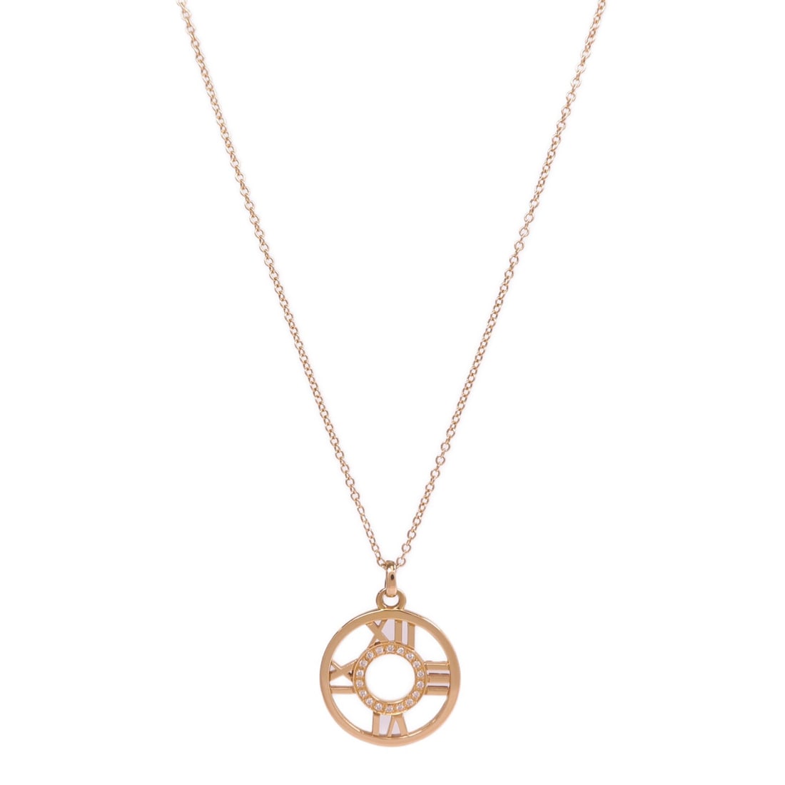 Tiffany Co Atlas Diamond 18K Rose Gold Necklace: Tiffany Co Atlas Diamond 18K Rose Gold Necklace This Tiffany & Co. Atlas Diamond Necklace is crafted from 18K pink (rose) gold, featuring a clear diamond as the main stone. Designed for women, this el