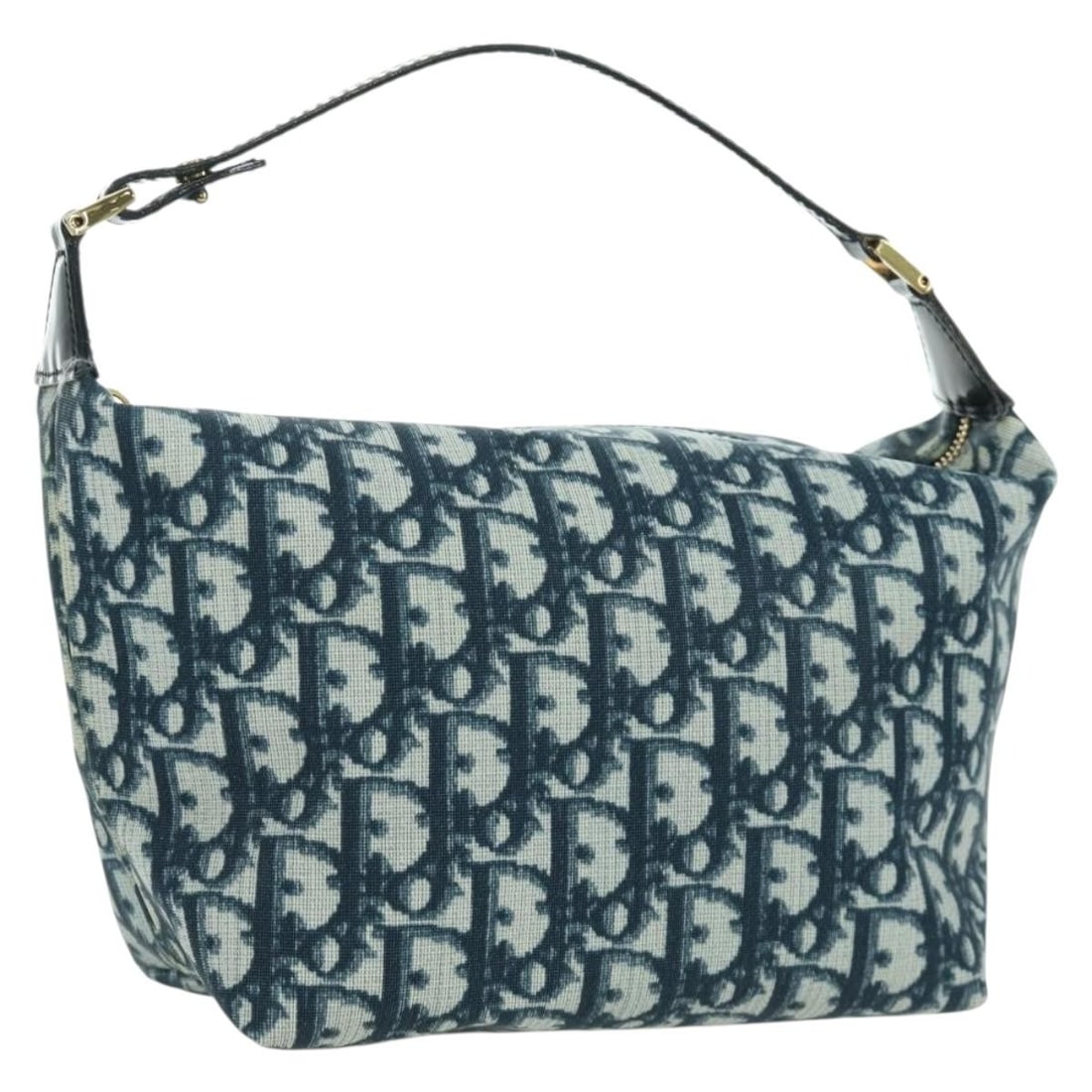 Christian Dior Navy PVC Trotter Canvas Small Handbag with Gold Accents: Christian Dior Navy PVC Trotter Canvas Small Handbag with Gold Accents This Christian Dior Trotter Canvas hand pouch features a navy and gold PVC leather exterior with signature Trotter canvas detaili