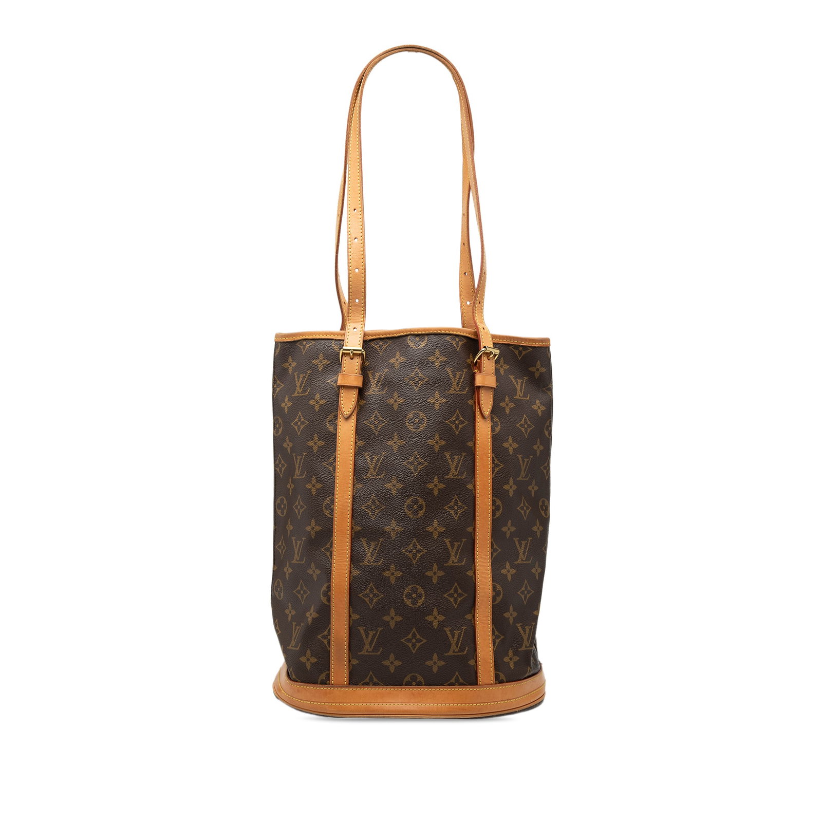 Louis Vuitton Monogram Bucket GM Brown Canvas Shoulder Bag with Leather Trim: Louis Vuitton Monogram Bucket GM Brown Canvas Shoulder Bag with Leather Trim The Louis Vuitton Monogram Bucket GM features a classic monogram canvas body accented with vachetta leather trim and flat v