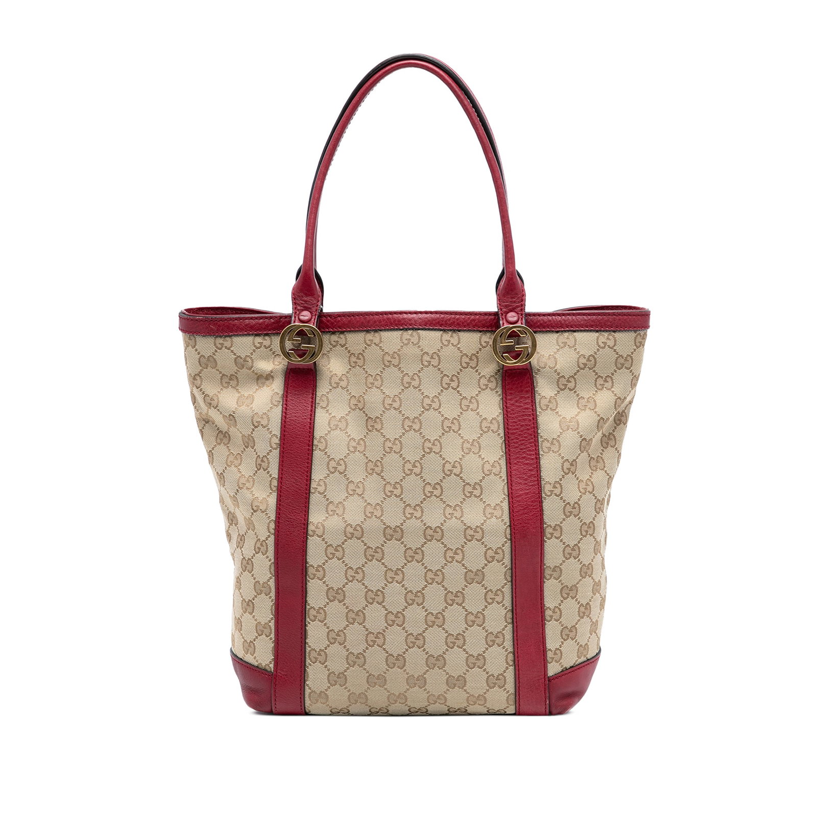 GG Canvas Twins Tote Bag with Leather Trim by Gucci: GG Canvas Twins Tote Bag with Leather Trim by Gucci This Gucci GG Canvas Twins Tote features a beige canvas body with leather trim, flat leather handles, an open top with hook closure, and interior zi