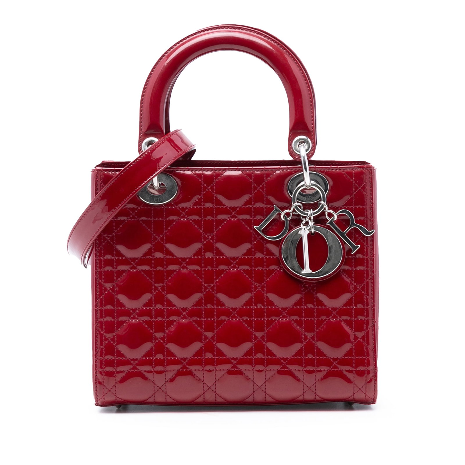 Dior Lady Dior Medium Red Patent Cannage Quilted Leather Shoulder Bag: Dior Lady Dior Medium Red Patent Cannage Quilted Leather Shoulder Bag This Lady Dior bag features a quilted patent leather exterior in red, flat leather top handles, a detachable flat leather strap, a