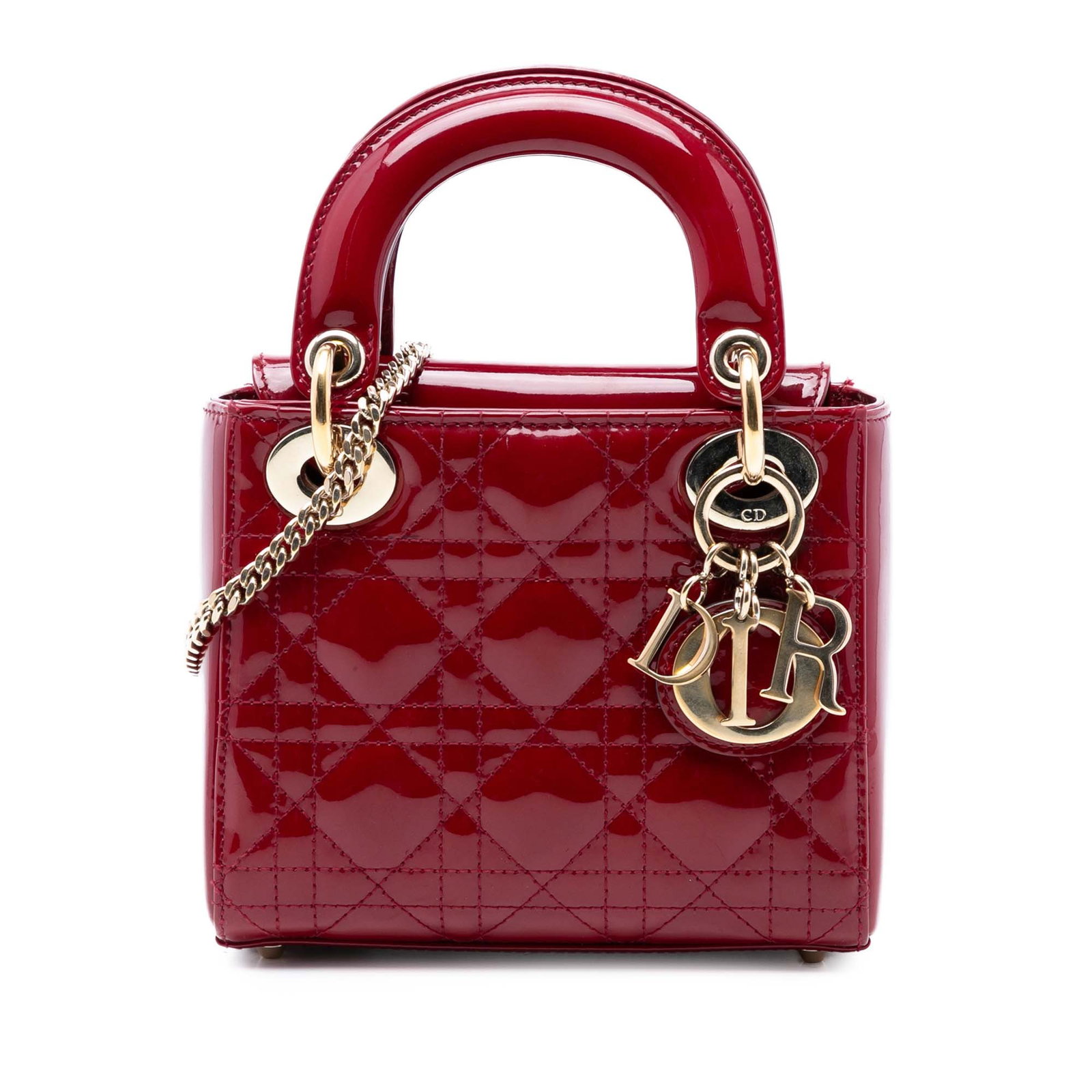 Dior Lady Dior Mini Red Patent Cannage Quilted Leather Handbag with Chain Strap: Dior Lady Dior Mini Red Patent Cannage Quilted Leather Handbag with Chain Strap The Lady Dior Mini Patent Cannage bag features a quilted patent leather exterior in red, flat leather top handles, and a