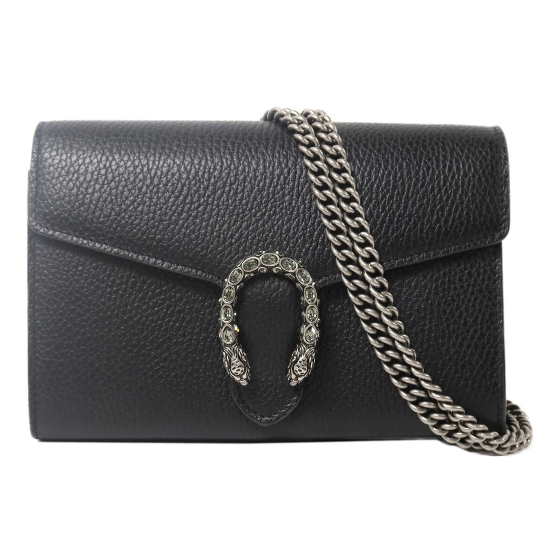 Gucci Dionysus Wallet On Chain Black Calfskin Shoulder Bag: Gucci Dionysus Wallet On Chain Black Calfskin Shoulder Bag This GUCCI Dionysus Wallet On Chain Shoulder Bag is crafted from black calfskin leather and features silver-tone hardware. Designed for women