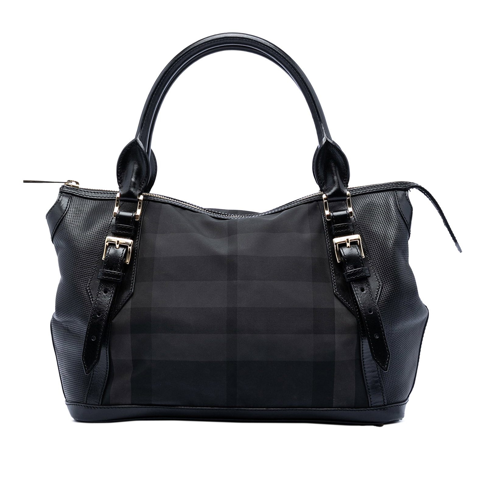 Ellers Satchel in Beat Check Nylon with Leather Trim by Burberry: Ellers Satchel in Beat Check Nylon with Leather Trim by Burberry This Burberry Beat Check Nylon Ellers Satchel features a nylon body with perforated leather trim, rolled leather handles, a top zip clo