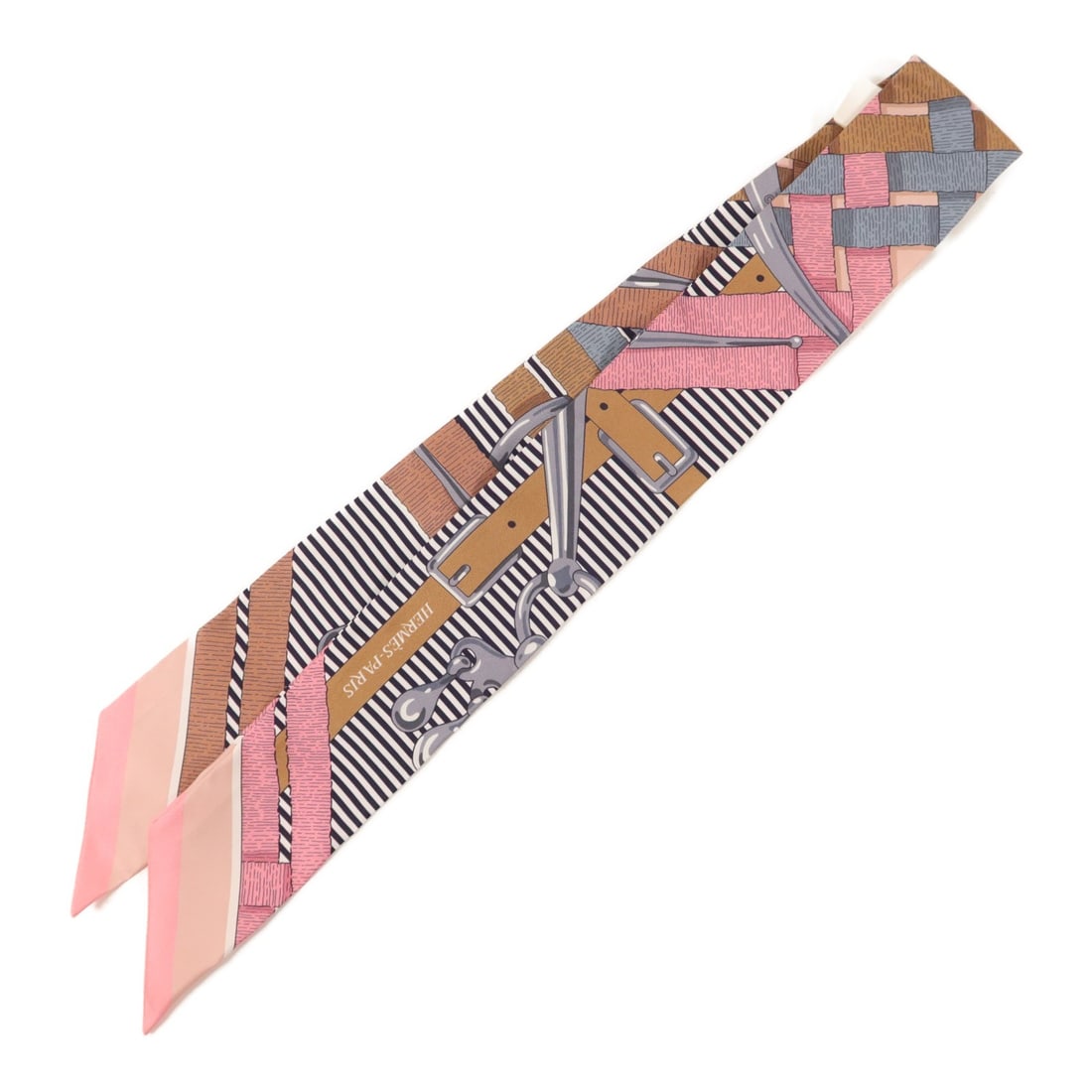 Hermes Twilly Pink and Brown Silk Scarf for Women: Hermes Twilly Pink and Brown Silk Scarf for Women This Hermes Twilly scarf is crafted from luxurious silk in pink and brown tones. Designed for women, it reflects classic elegance and superior French 
