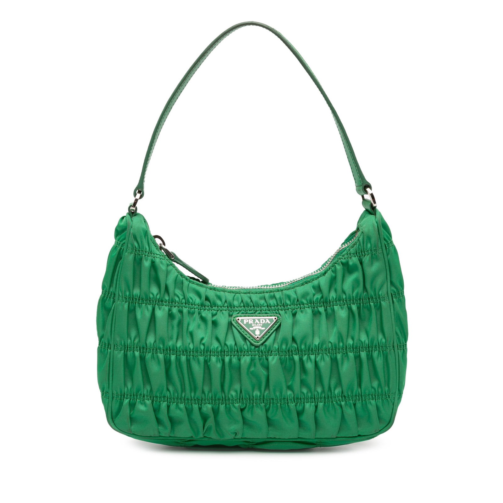 Green Prada Tessuto Gaufre Re Edition Nylon Shoulder Bag: Green Prada Tessuto Gaufre Re Edition Nylon Shoulder Bag This Prada Tessuto Gaufre Re Edition shoulder bag features a gathered nylon body in green, complemented by a flat leather strap and a top zip c
