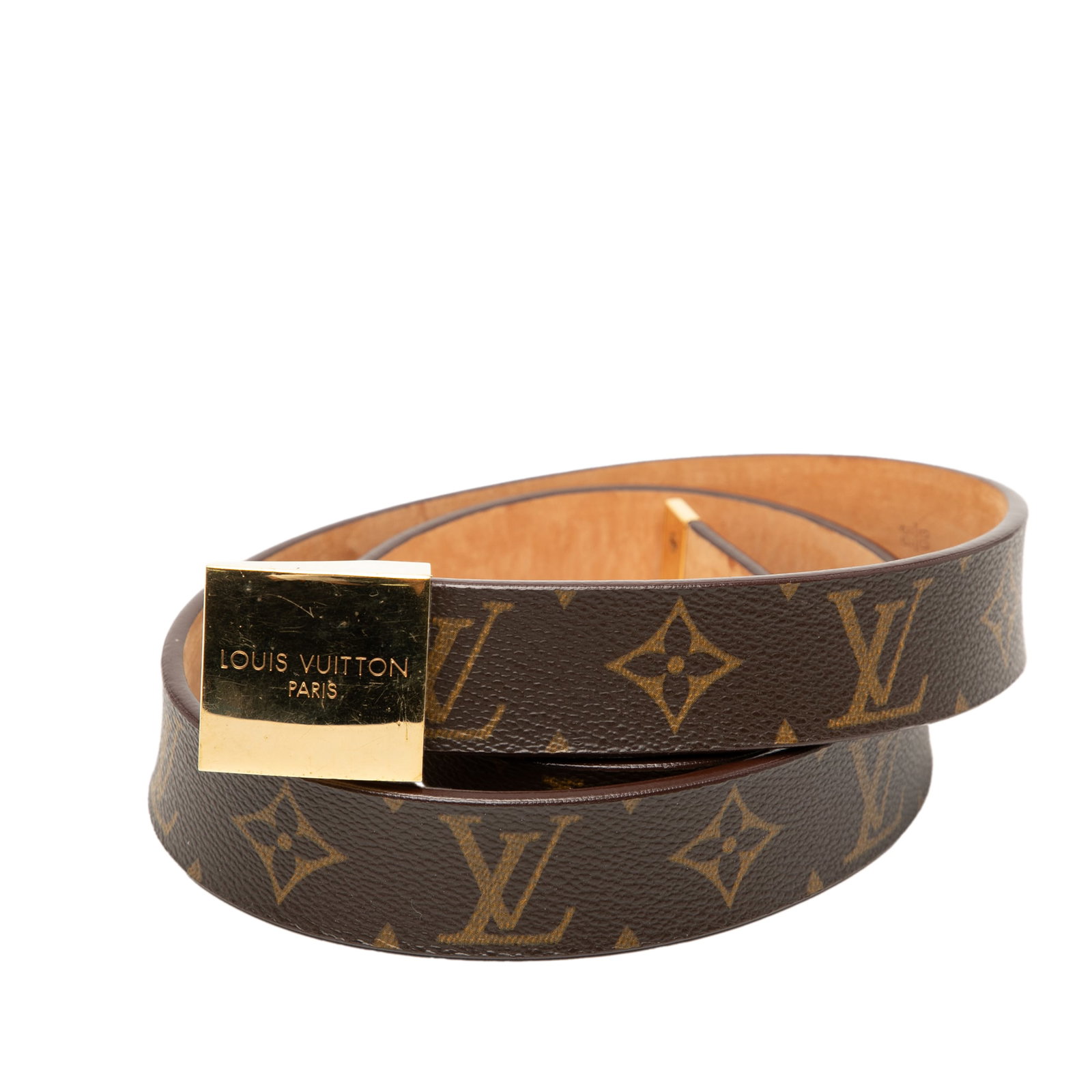 Louis Vuitton Monogram Canvas Adjustable Brown Belt with Brass Buckle: Louis Vuitton Monogram Canvas Adjustable Brown Belt with Brass Buckle This Louis Vuitton Monogram Ceinture Belt features a leather construction accented with the iconic monogram canvas and an adjustab