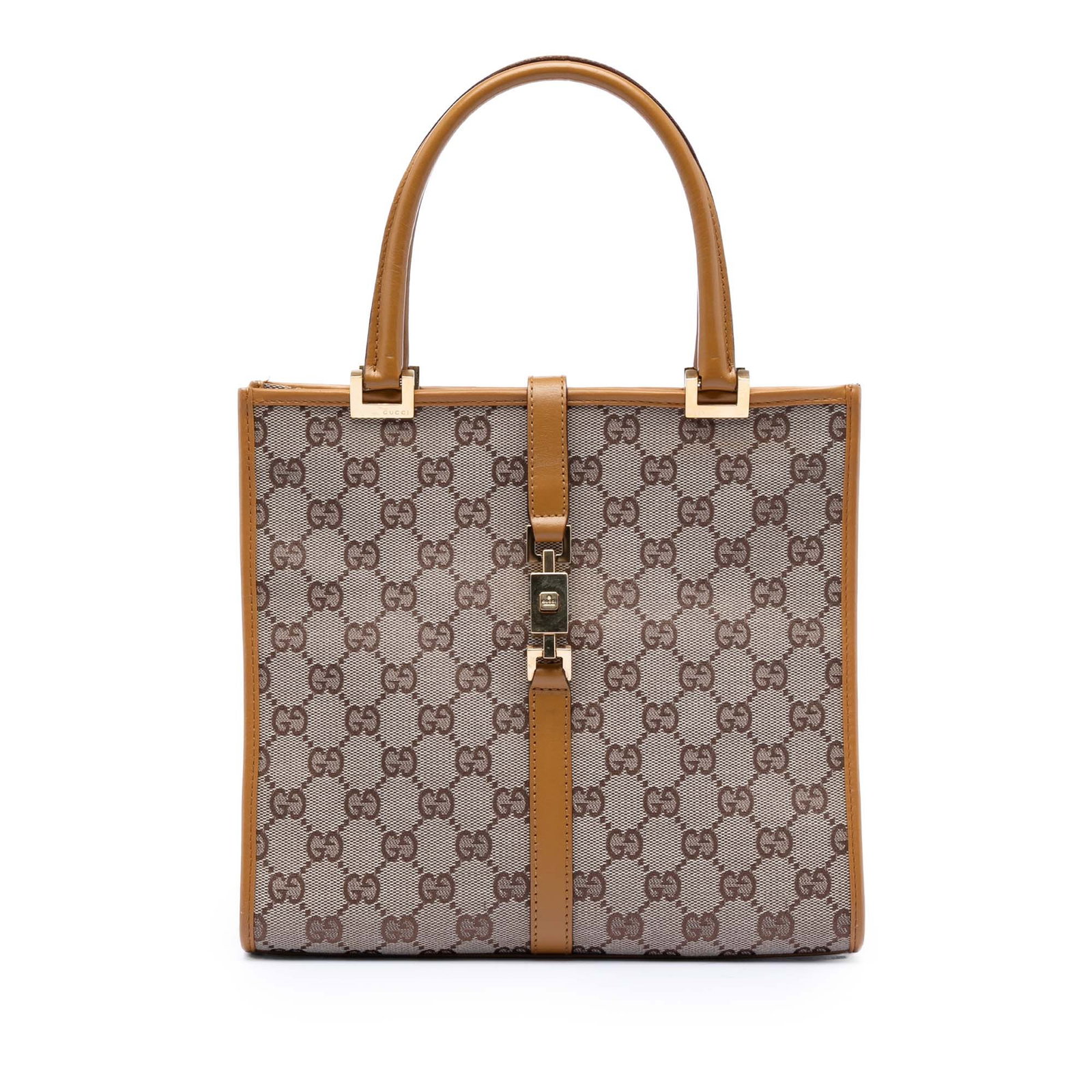 GG Canvas Jackie Shoulder Bag with Leather Trim by Gucci: GG Canvas Jackie Shoulder Bag with Leather Trim by Gucci This Gucci GG Canvas Jackie Handbag features a durable canvas body with leather trim, rolled leather handles, an open top with a strap and geom
