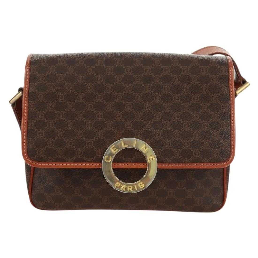 Celine Macadam Brown Canvas Shoulder Bag with Circle Logo Vintage: Celine Macadam Brown Canvas Shoulder Bag with Circle Logo Vintage This Celine Vintage Macadam Circle Logo shoulder bag features a classic brown canvas exterior with leather accents. The design include