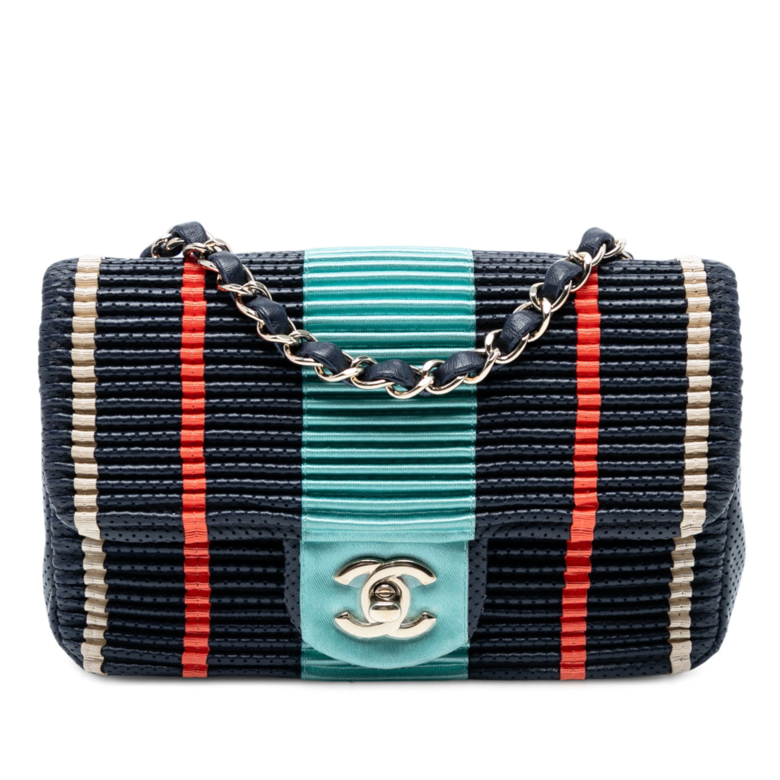 Chanel New Mini Classic Flap Blue Lambskin Bag: Chanel New Mini Classic Flap Blue Lambskin Bag Introducing the Chanel New Mini Pleated Perforated Lambskin Single Flap bag, an exquisite blend of elegance and contemporary design. This stunning bag fe