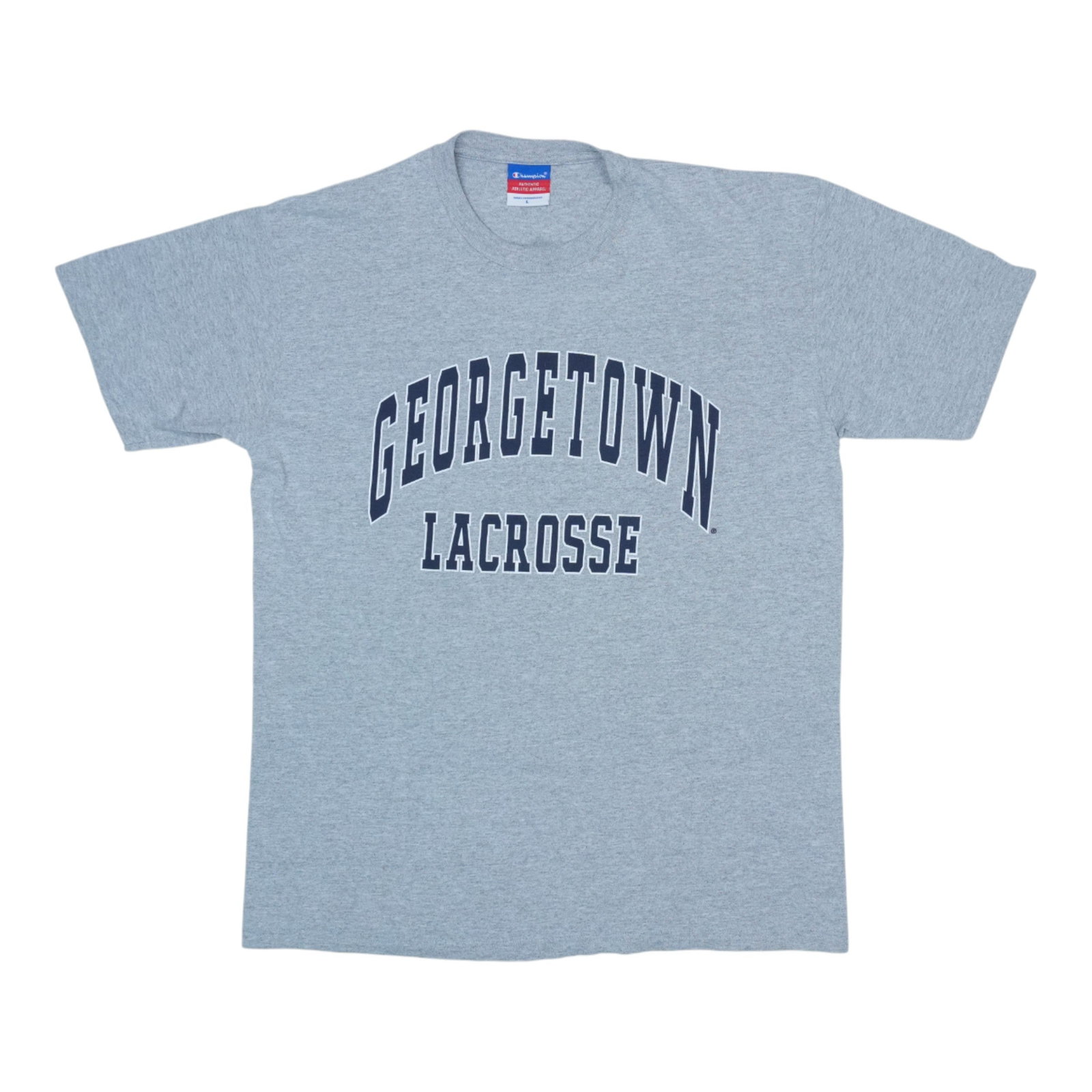 Vintage 1990s Georgetown Lacrosse Grey Cotton Champion Large Shirt: Vintage 1990s Georgetown Lacrosse Grey Cotton Champion Large Shirt This is an original vintage 1990s Georgetown Lacrosse Champion shirt. Made from 100% cotton, this grey shirt features no back graphic