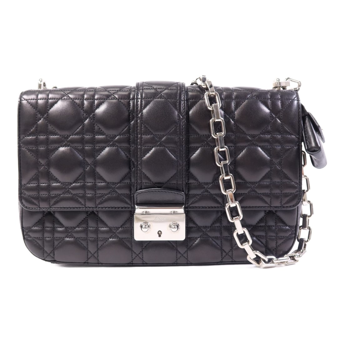 Dior Miss Dior Black Lambskin Chain Shoulder Bag: Dior Miss Dior Black Lambskin Chain Shoulder Bag This elegant Christian Dior Miss Dior Chain Shoulder Bag is crafted from luxurious lambskin leather in a classic black hue. Designed for versatility, i