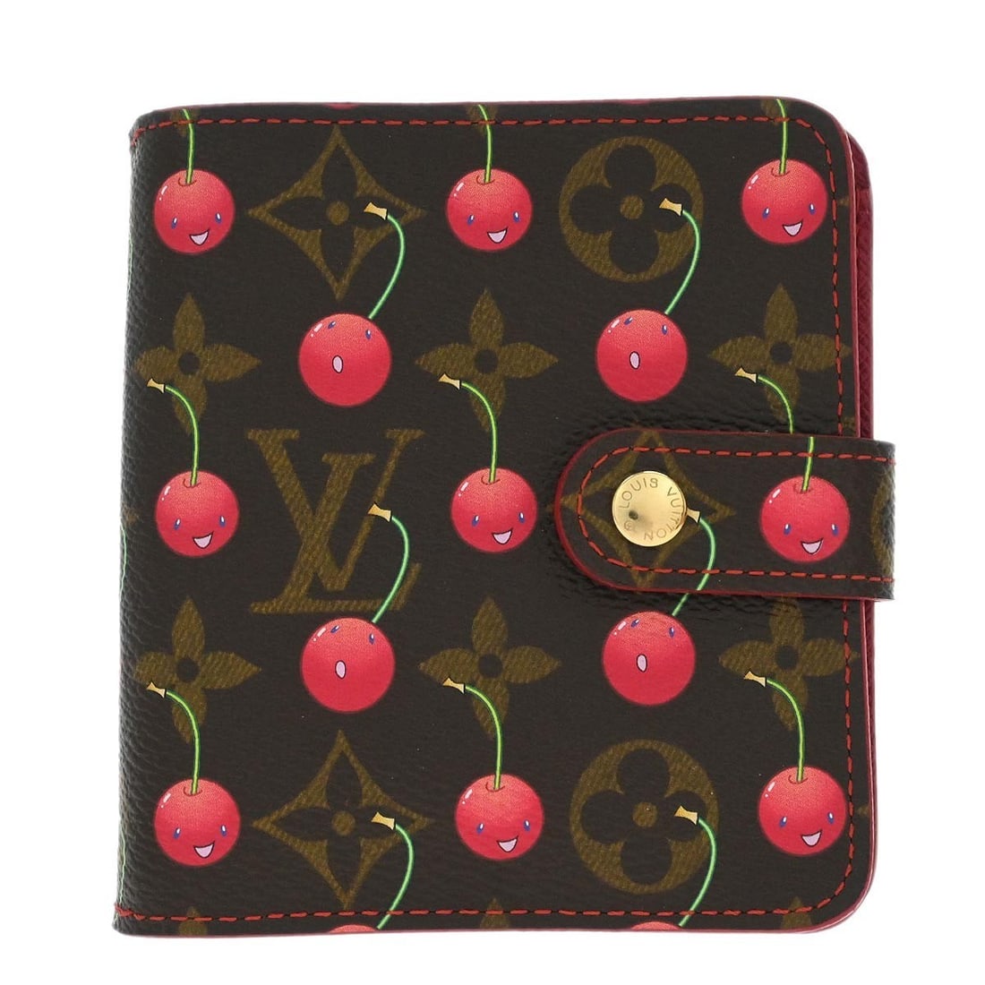 Monogram Canvas Cherry Compact Folding Wallet by Louis Vuitton M95005: Monogram Canvas Cherry Compact Folding Wallet by Louis Vuitton M95005 This Louis Vuitton Monogram Cherry Compact Zip Wallet features the iconic brown monogram canvas with a button logo accent. Designe