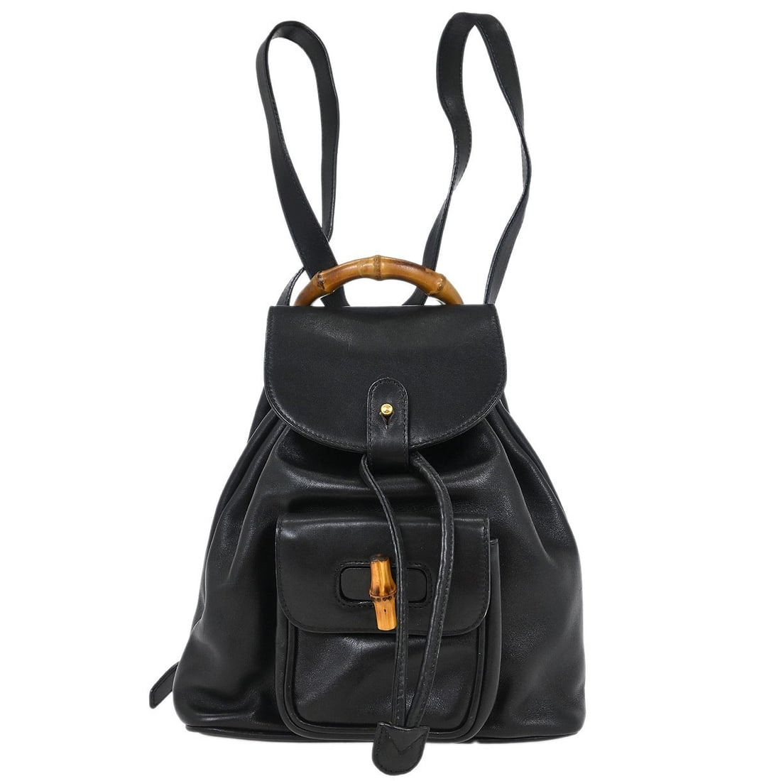Gucci Bamboo Black Leather Small Backpack with Top Handle: Gucci Bamboo Black Leather Small Backpack with Top Handle This Gucci backpack features a black leather exterior with distinctive bamboo accents and a bamboo top handle. Designed in a small size, it of