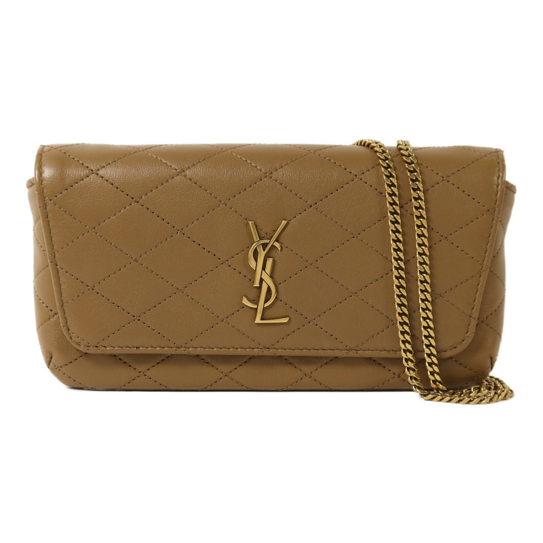 Saint Laurent Gaby Lambskin Chain Shoulder Bag Khaki GHW: Saint Laurent Gaby Lambskin Chain Shoulder Bag Khaki GHW This Saint Laurent Gaby phone holder chain shoulder bag is crafted from luxurious lambskin leather in a sophisticated khaki color. Designed for