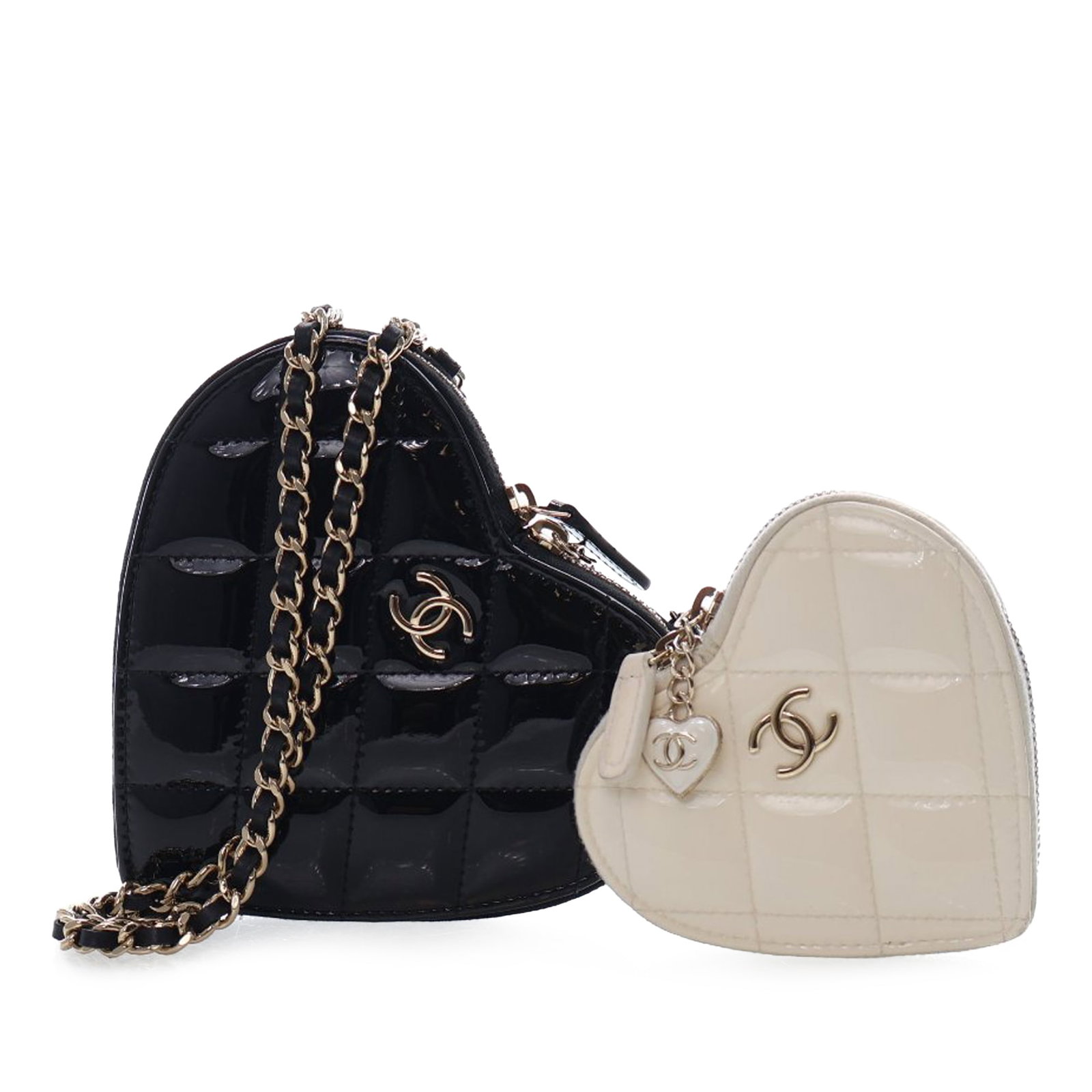 Chanel Black Patent Leather Duo Heart Crossbody Clutch with Chain Strap: Chanel Black Patent Leather Duo Heart Crossbody Clutch with Chain Strap This Chanel crossbody bag features a quilted patent leather design complemented by a gold-tone leather woven chain link strap. T
