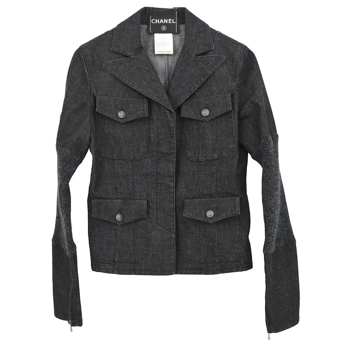 Black Denim Mid Length Jacket by Chanel Size 36 Single Breasted: Black Denim Mid Length Jacket by Chanel Size 36 Single Breasted This Chanel single-breasted denim jacket features a mid-length silhouette in black denim. Made from a blend of 80% cotton, 18% polyester