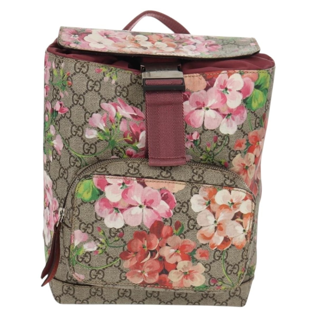 Gucci Blooms Print GG Canvas Buckle Backpack for Women: Gucci Blooms Print GG Canvas Buckle Backpack for Women This Gucci Buckle Backpack for women features the iconic Blooms print on durable beige coated canvas. It combines style and practicality with a c