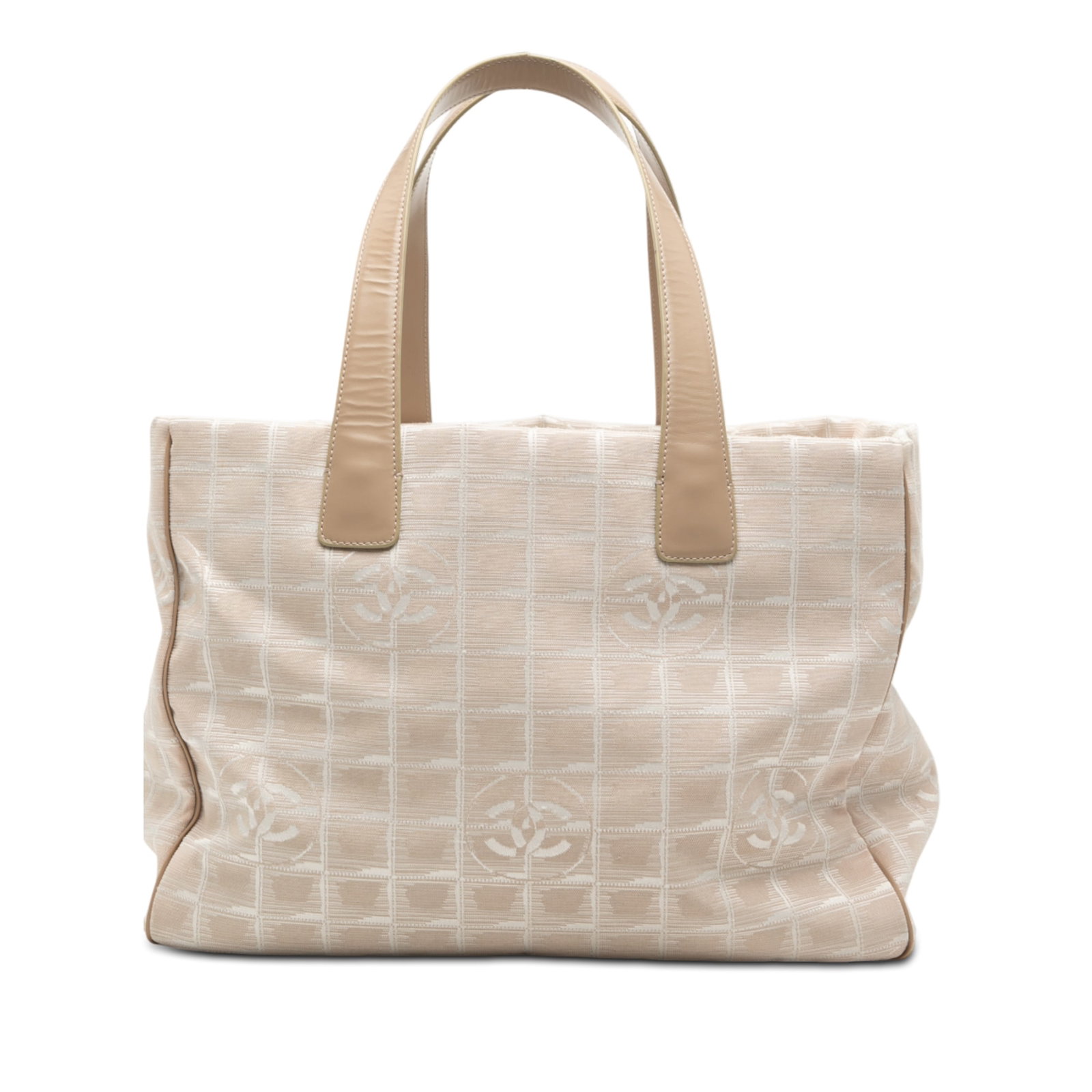 Chanel Brown New Travel Line Tote Nylon with Leather Trim: Chanel Brown New Travel Line Tote Nylon with Leather Trim This Chanel New Travel Line Nylon Tote features a brown nylon body with leather trim, flat leather straps, an open top, and interior zip pocke