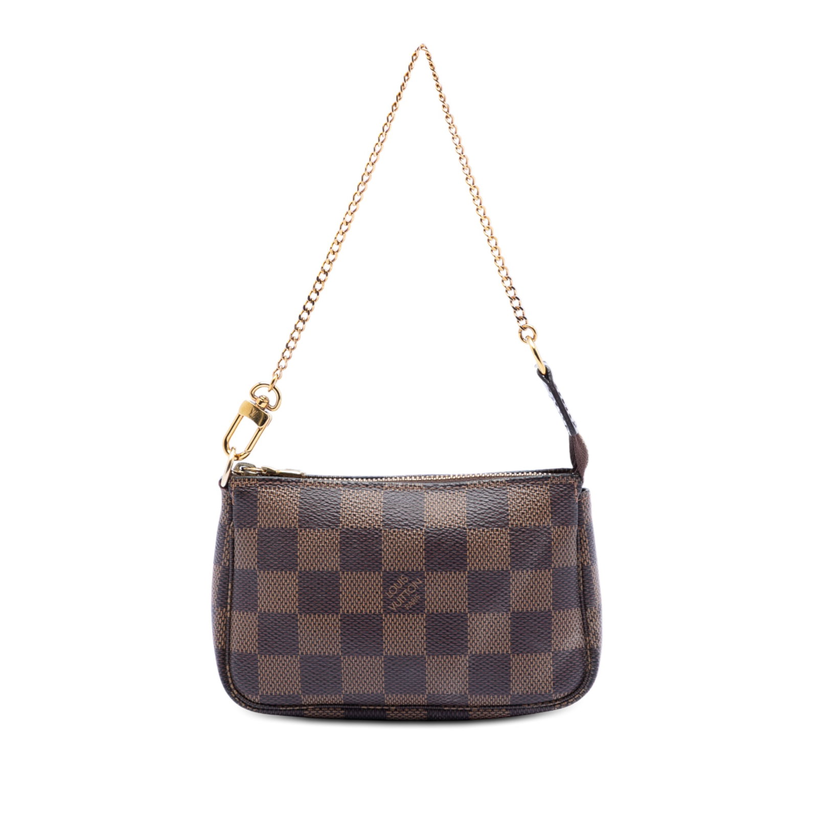 Damier Ebene Mini Pochette Accessoires brown canvas pouch with chain: Damier Ebene Mini Pochette Accessoires brown canvas pouch with chain The Louis Vuitton Damier Ebene Mini Pochette Accessoires features a damier canvas body in brown, complemented by a gold-tone chain 