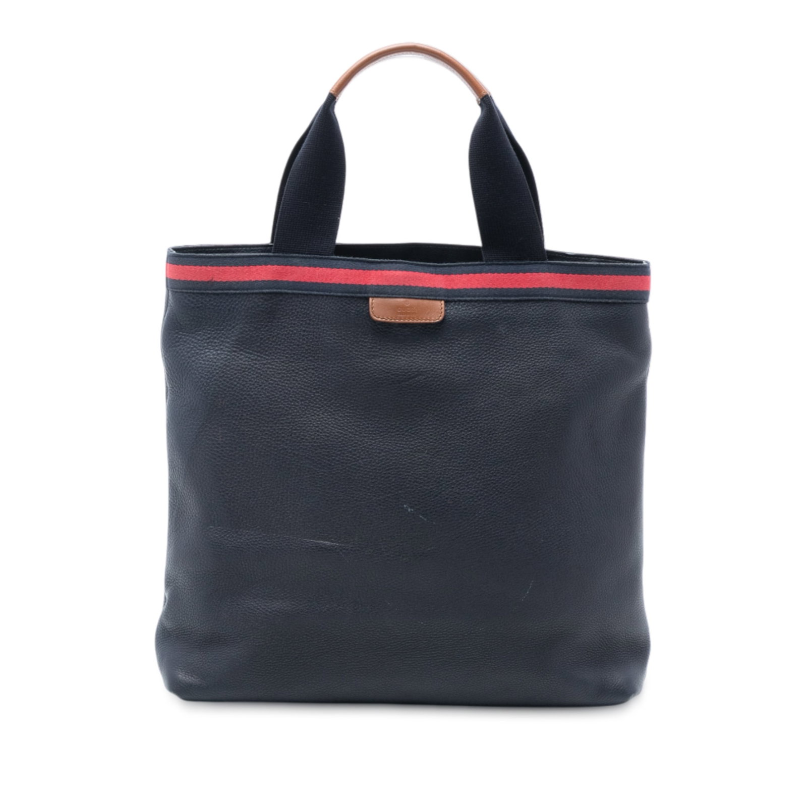 Blue Leather Tote with Canvas Straps by Gucci Web Collection: Blue Leather Tote with Canvas Straps by Gucci Web Collection This Gucci Leather Web Tote features a blue leather body with flat canvas straps, a top lobster claw closure, and interior slip pockets. Ma
