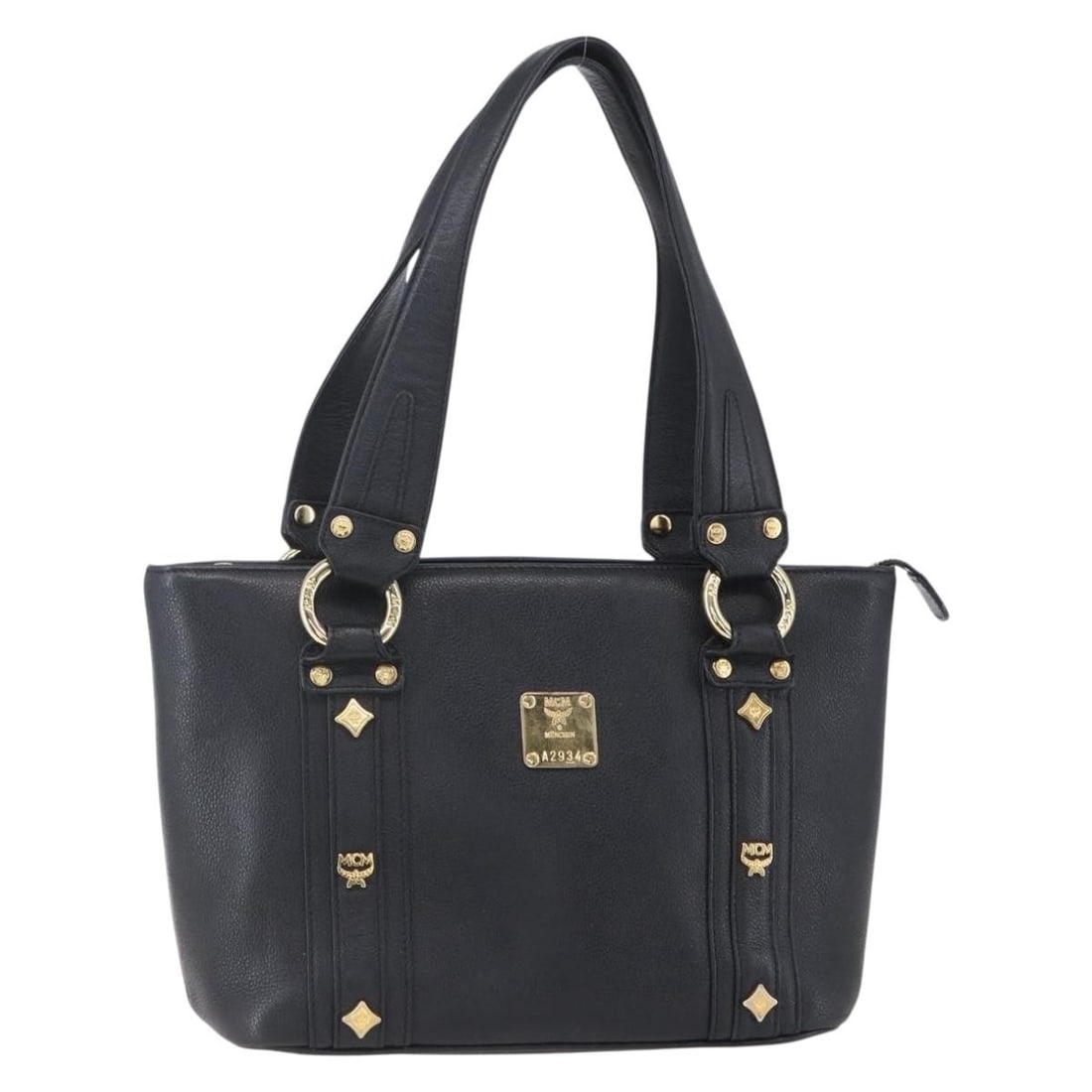 MCM Leather Hand Bag Black Gold Auth 152933 Made in Korea: MCM Leather Hand Bag Black Gold Auth 152933 Made in Korea This authentic MCM handbag is crafted from high-quality leather in a striking black and gold color combination. With approximate dimensions of