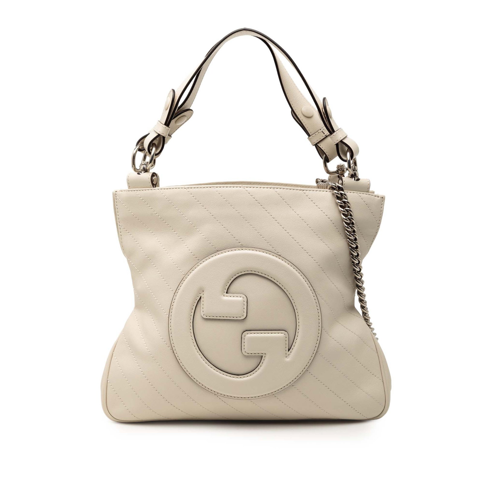 Gucci Blondie Small White Matelasse Leather Tote Bag with Chain Strap: Gucci Blondie Small White Matelasse Leather Tote Bag with Chain Strap This Gucci Small Matelasse Leather Blondie Tote features a quilted leather exterior in white, flat handles, a chain strap, and an 