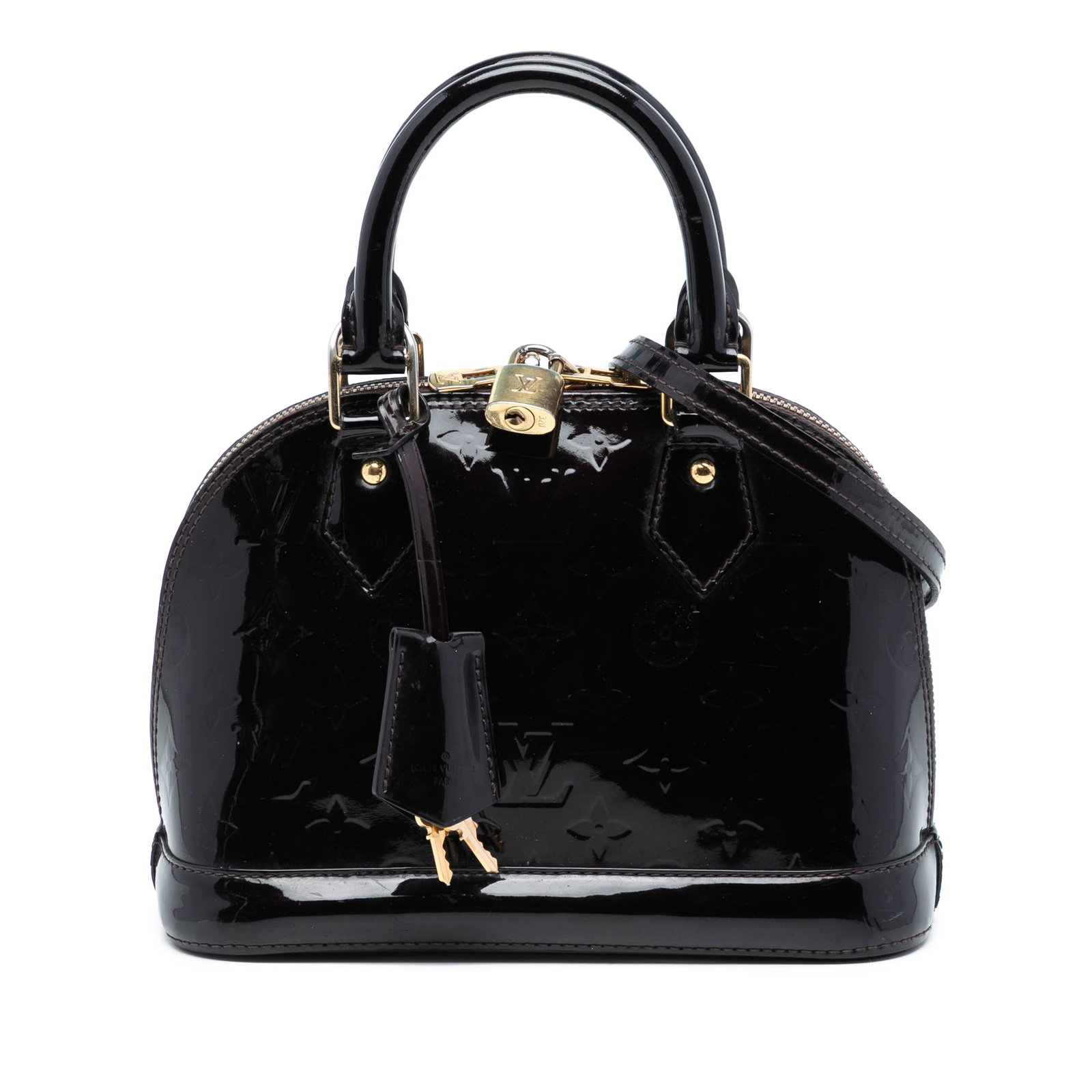 Purple Vernis Leather Alma BB Bag by Louis Vuitton with Detachable Strap: Purple Vernis Leather Alma BB Bag by Louis Vuitton with Detachable Strap This Louis Vuitton Alma BB handbag features a monogram vernis leather body in purple, rolled leather handles, a detachable flat