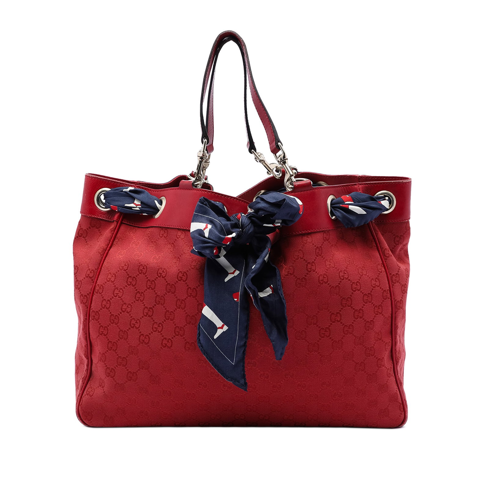 Gucci Positano Tote Bag Red Canvas with Leather Trim and Scarf Detail: Gucci Positano Tote Bag Red Canvas with Leather Trim and Scarf Detail This Gucci Large GG Canvas Positano Tote features a canvas body with leather trim and a scarf embellishment. It is designed with f