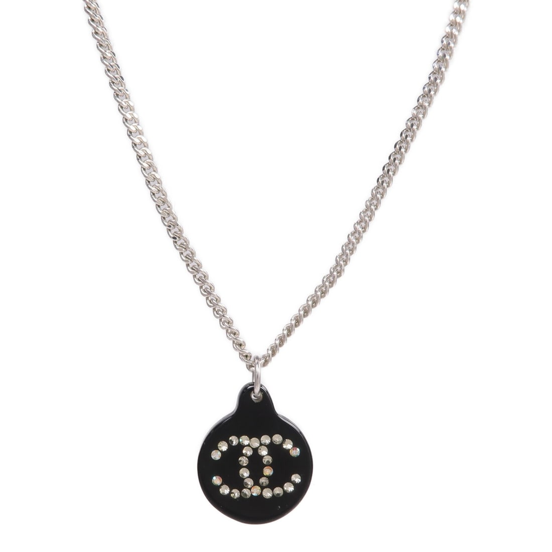Black and Silver CC Pendant Necklace by CHANEL for Women: Black and Silver CC Pendant Necklace by CHANEL for Women This CHANEL CC necklace features a combination of metal and PVC materials in a sophisticated silver and black design. Crafted for women, the ne