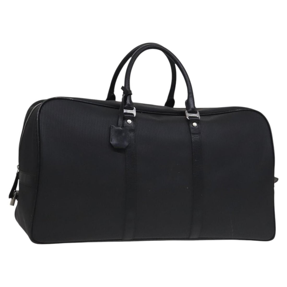 BVLGARI Black PVC Boston Bag with Silver Accents and Padlock: BVLGARI Black PVC Boston Bag with Silver Accents and Padlock This BVLGARI Boston Bag features a black and silver exterior crafted from PVC leather, designed for women. Made in Italy, the bag offers am