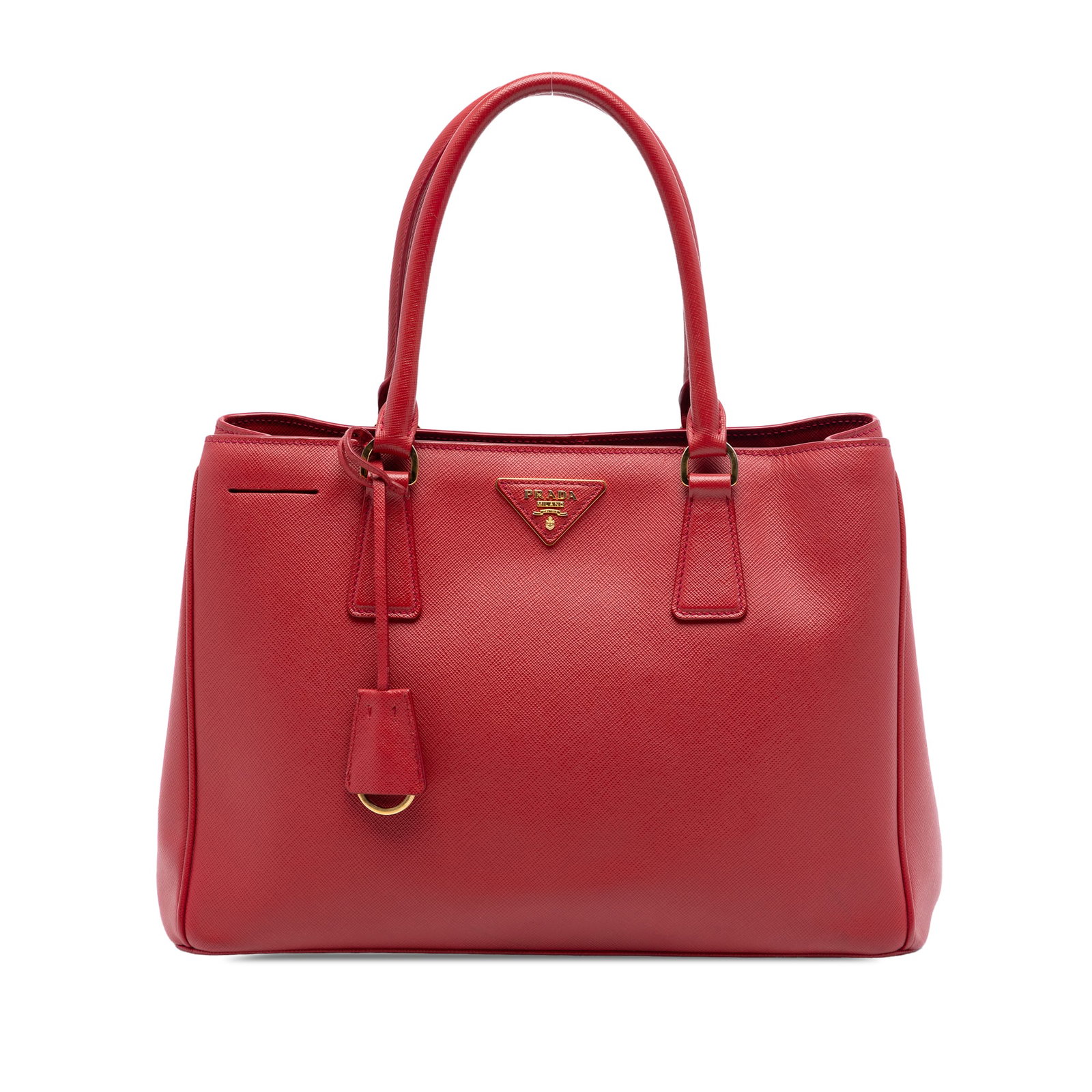 Red Prada Saffiano Leather Medium Galleria Satchel Handbag Italy: Red Prada Saffiano Leather Medium Galleria Satchel Handbag Italy This Prada Medium Saffiano Lux Galleria Satchel showcases a saffiano leather body in red, with rolled leather handles and an open top s