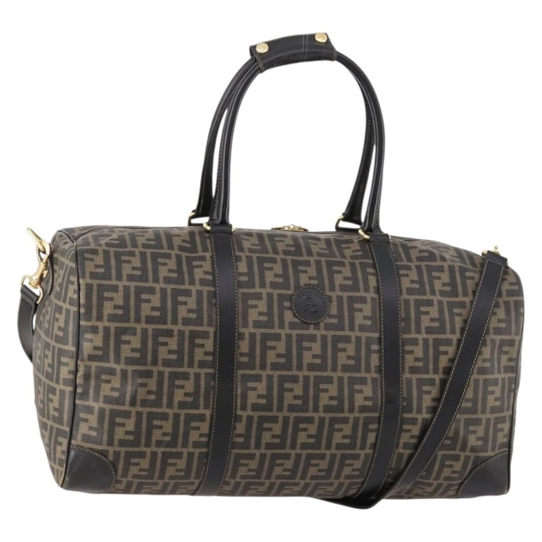 Fendi Zucca Canvas Boston Bag with PVC Leather Trim Black Brown 2way Italy: Fendi Zucca Canvas Boston Bag with PVC Leather Trim Black Brown 2way Italy This FENDI Zucca Canvas Boston Bag features a stylish black and brown design crafted from PVC leather and signature Zucca can