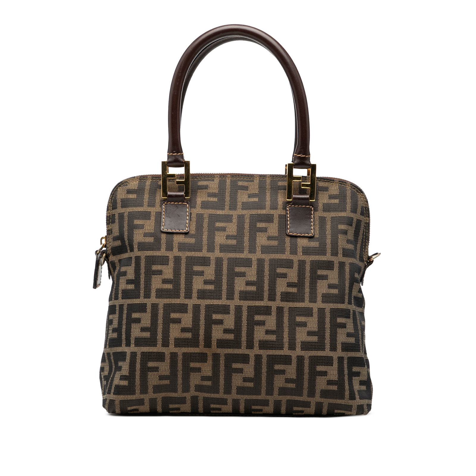 Fendi Brown Fabric Zucca Satchel with Leather Handles: Fendi Brown Fabric Zucca Satchel with Leather Handles This Fendi Zucca Canvas Satchel features a durable canvas body with rolled leather top handles and a top zip-around closure. The interior is equip