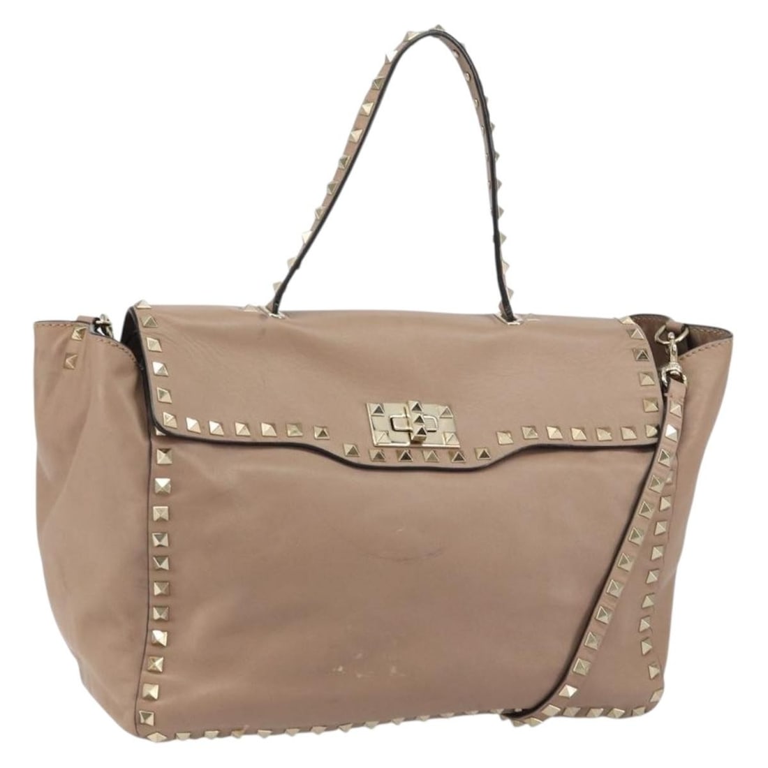 Valentino Beige Leather Tote with Gold Studs and Shoulder Strap: Valentino Beige Leather Tote with Gold Studs and Shoulder Strap This Valentino tote bag features beige and gold leather and is designed for both hand and shoulder carry. The bag includes a detachable 