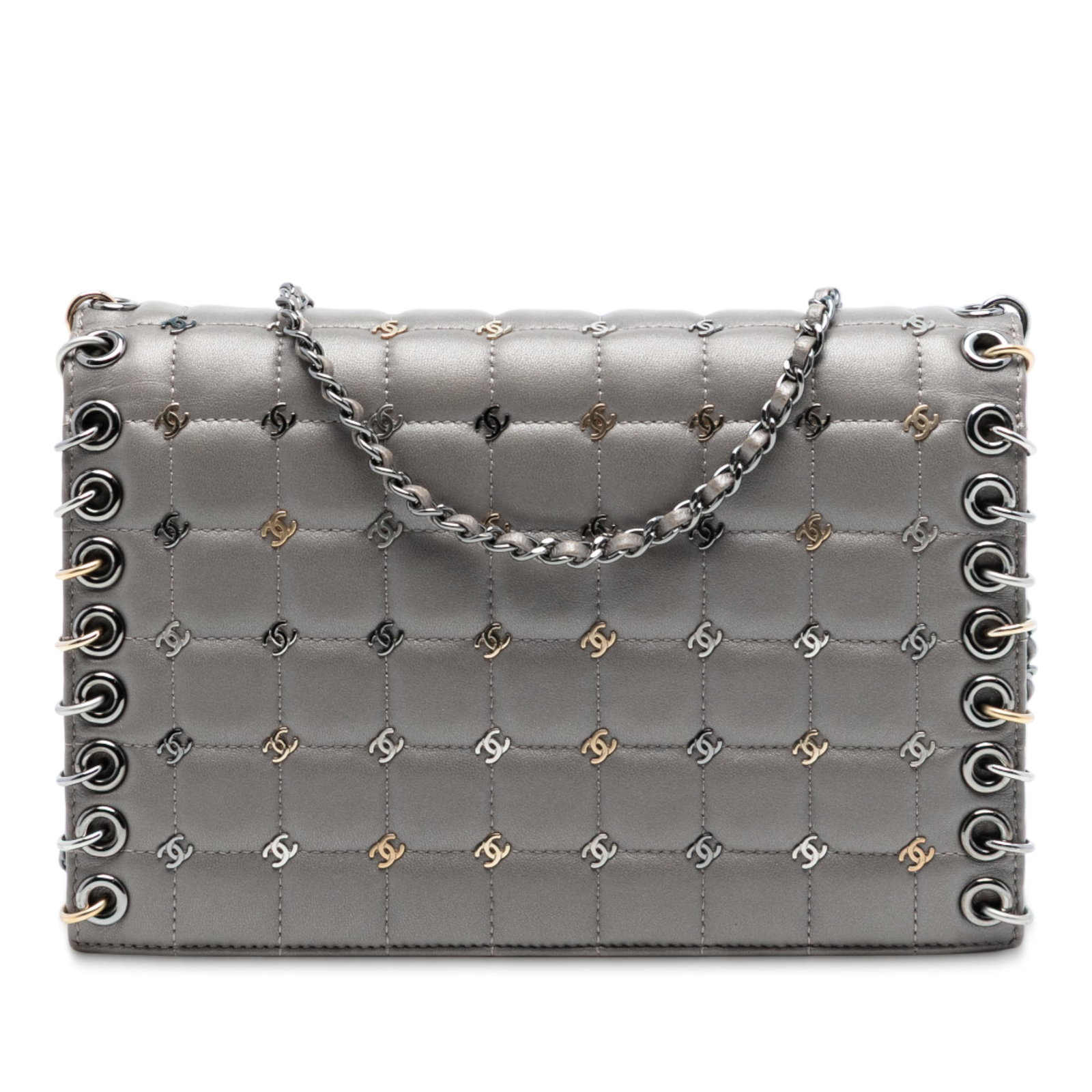 Chanel Chocolate Bar Small Studded Lambskin Flap Bag with Chain Strap: Chanel Chocolate Bar Small Studded Lambskin Flap Bag with Chain Strap This Chanel Small Lambskin Chocolate Bar CC Piercing Studded Chain Flap features a quilted lambskin leather body with stud and eye