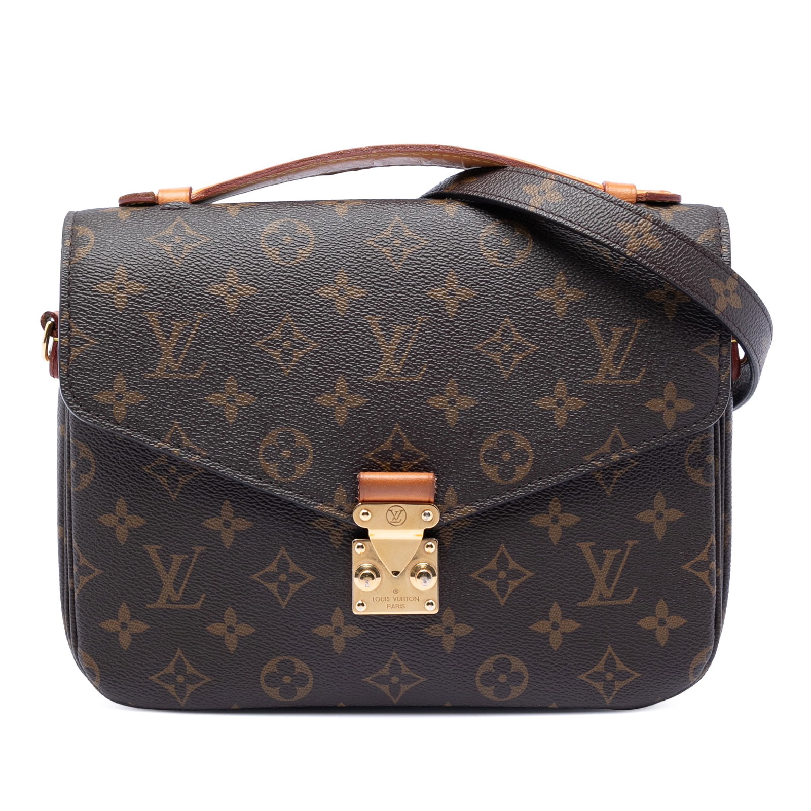 Louis Vuitton Pochette Metis Monogram Canvas Shoulder Bag with S-Lock: Louis Vuitton Pochette Metis Monogram Canvas Shoulder Bag with S-Lock The Louis Vuitton Monogram Pochette Metis is crafted from iconic monogram canvas and features a flat vachetta leather top handle, 