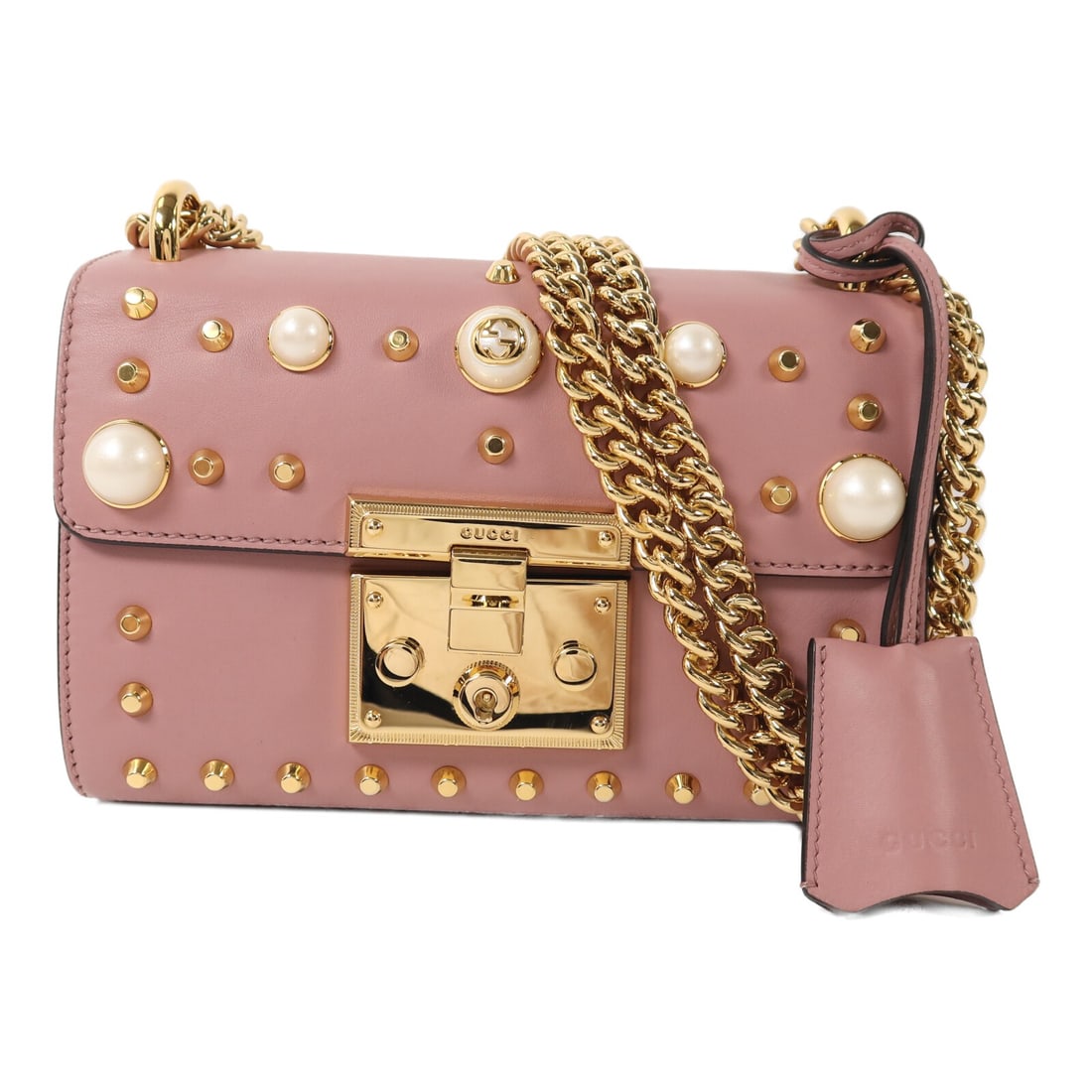 Gucci Padlock Pink Calfskin Shoulder Bag with Pearl Detail and Gold Hardware: Gucci Padlock Pink Calfskin Shoulder Bag with Pearl Detail and Gold Hardware This Gucci GG Padlock Pearl shoulder bag is crafted from pink calfskin leather and features gold-tone hardware. Designed fo