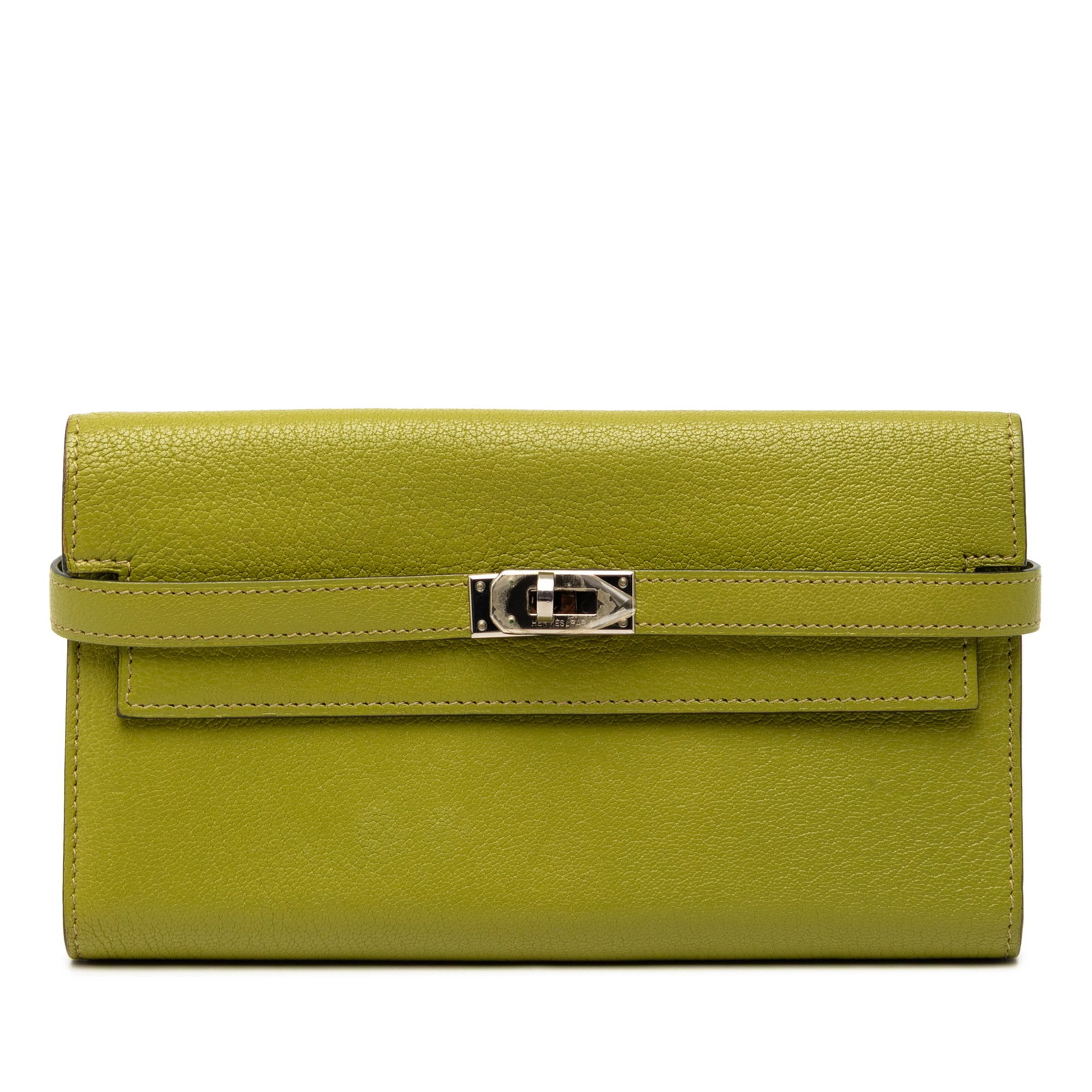 Green Chevre Mysore Kelly Longue Wallet by Hermes in Goatskin Leather: Green Chevre Mysore Kelly Longue Wallet by Hermes in Goatskin Leather This long wallet is crafted from Vert Anis green goatskin leather and features a front turn lock closure along with interior zip a