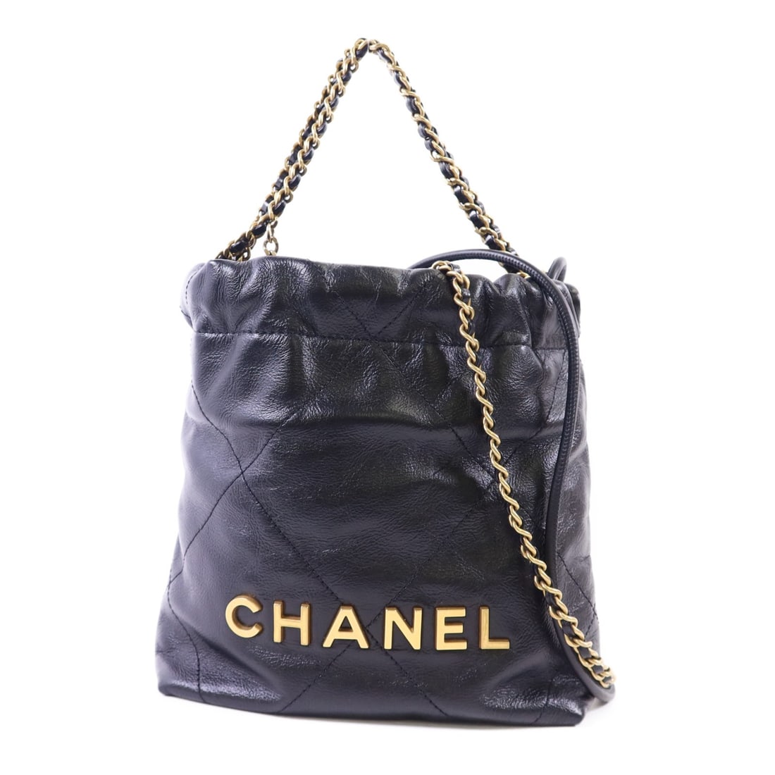 Black Calfskin CHANEL C22 Mini Convertible Shoulder Bag with Chain Strap: Black Calfskin CHANEL C22 Mini Convertible Shoulder Bag with Chain Strap This CHANEL CC C22 Mini 2-Way Chain Shoulder Bag is crafted from black calfskin leather and features a versatile design that al