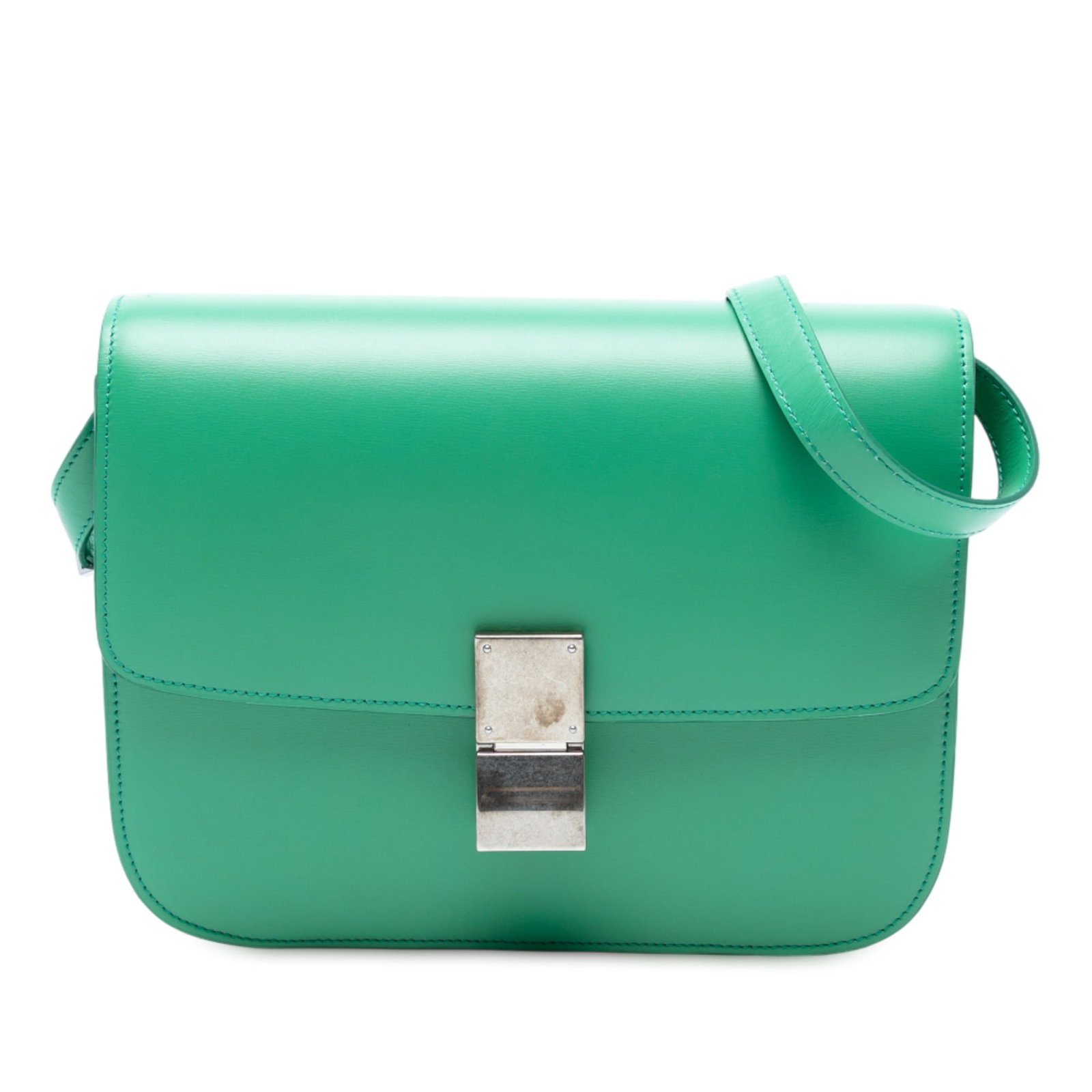 Celine Medium Calfskin Classic Box Green Leather Crossbody Bag: Celine Medium Calfskin Classic Box Green Leather Crossbody Bag Introducing the Celine Medium Calfskin Classic Box crossbody bag, a stylish accessory crafted from high-quality leather. This bag feature