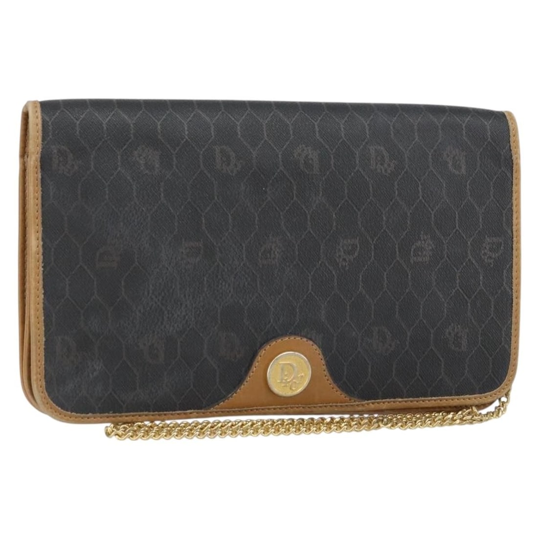 Black Honeycomb PVC Leather Christian Dior Shoulder Bag with Chain Strap: Black Honeycomb PVC Leather Christian Dior Shoulder Bag with Chain Strap This Christian Dior Honeycomb Canvas Chain Shoulder Bag features a black and gold color scheme, crafted from PVC leather and ho