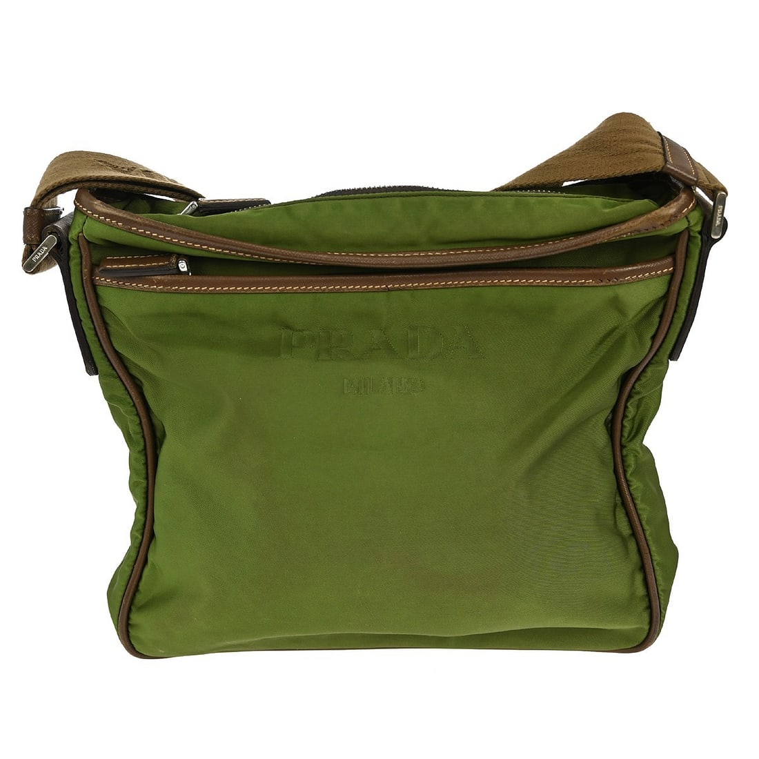 Prada Medium Khaki Nylon Shoulder Bag with Logo Accent: Prada Medium Khaki Nylon Shoulder Bag with Logo Accent This Prada shoulder bag is crafted from durable khaki nylon, making it a stylish choice for casual outings. With a medium size, it measures 10 in