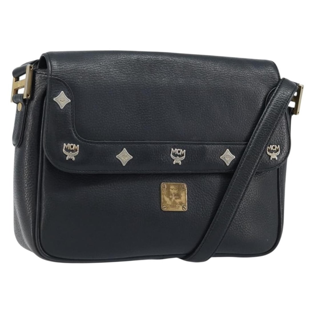 MCM Black Leather Shoulder Bag with Gold Accents for Women: MCM Black Leather Shoulder Bag with Gold Accents for Women This MCM shoulder bag is crafted from black leather with gold accents and is designed for women. The bag features a structured silhouette wit