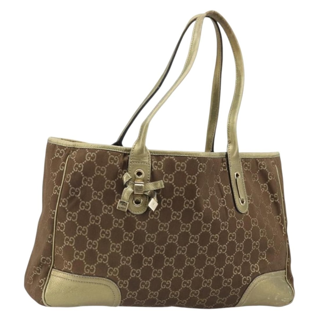 Brown Gold GG Canvas Tote by Gucci 163805 Italy: Brown Gold GG Canvas Tote by Gucci 163805 Italy This is a Gucci GG Canvas Tote Bag in brown and gold tones, designed for women. It features classic GG canvas material with leather trim and a spacious 