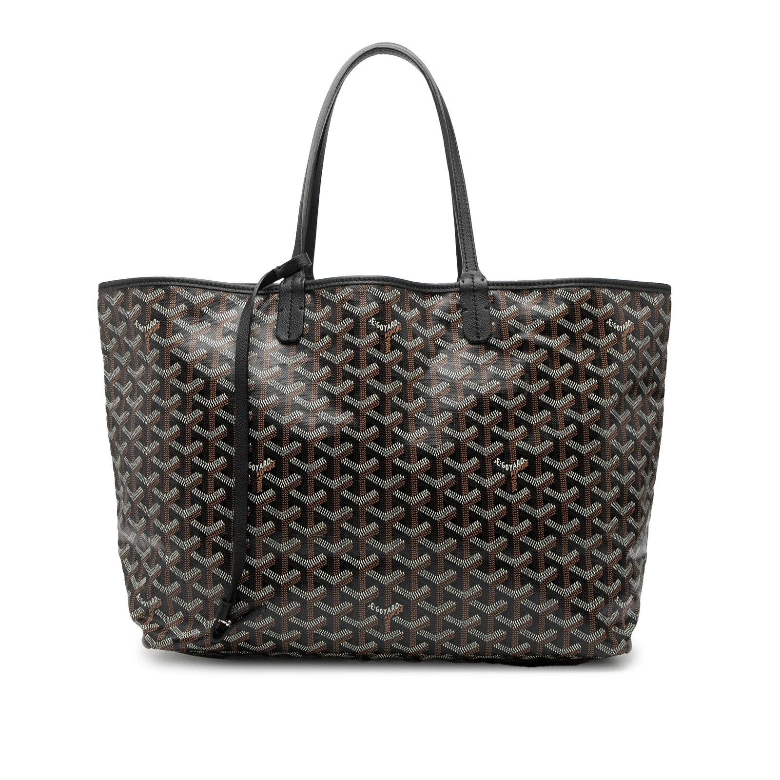 Goyard Saint Louis PM Black Tote with Pouch and Leather Trim: Goyard Saint Louis PM Black Tote with Pouch and Leather Trim The Saint Louis PM features a coated canvas body with leather trim, flat leather handles, an open top, and comes with a pouch. This bag is 